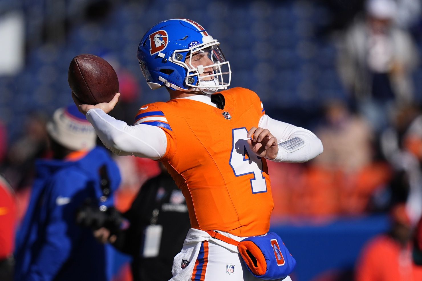 Denver Broncos quarterback Zach Wilson (4) before the game against the Kansas City Chiefs at Empower Field at Mile High.