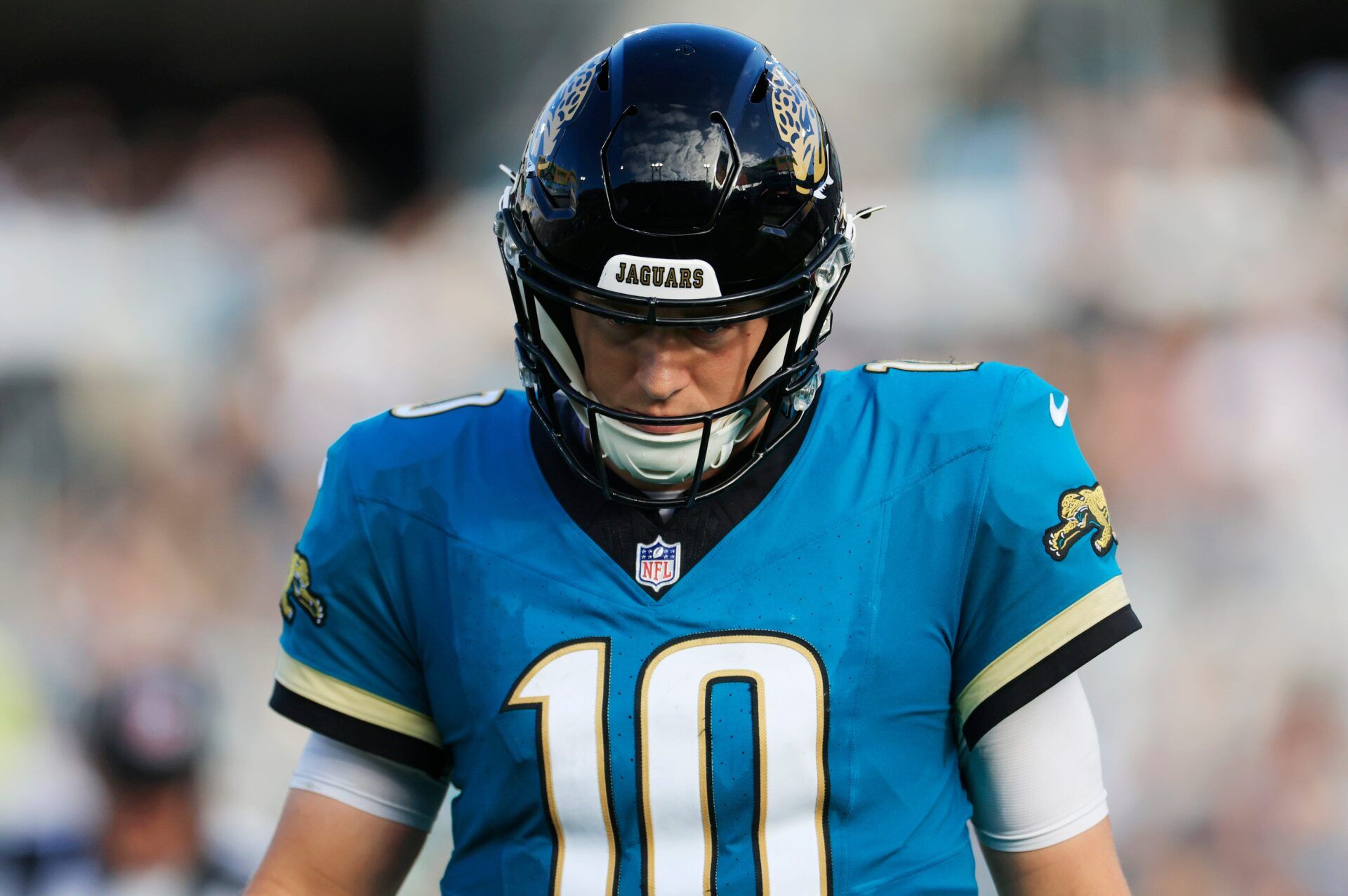 Jacksonville Jaguars quarterback Mac Jones (10) walks off the field during the fourth quarter Sunday, Dec. 15, 2024 at EverBank Stadium in Jacksonville, Fla. The Jets held off the Jaguars 32-25.