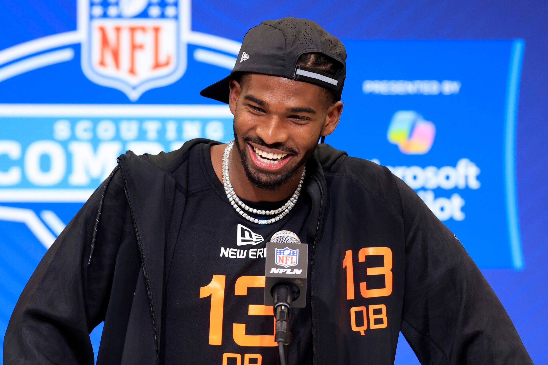 INDIANAPOLIS, INDIANA - FEBRUARY 28: Shedeur Sanders #QB13 of Colorado speaks to the media during the 2025 NFL Scouting Combine at Lucas Oil Stadium on February 28, 2025 in Indianapolis, Indiana. (Photo by Justin Casterline/Getty Images)