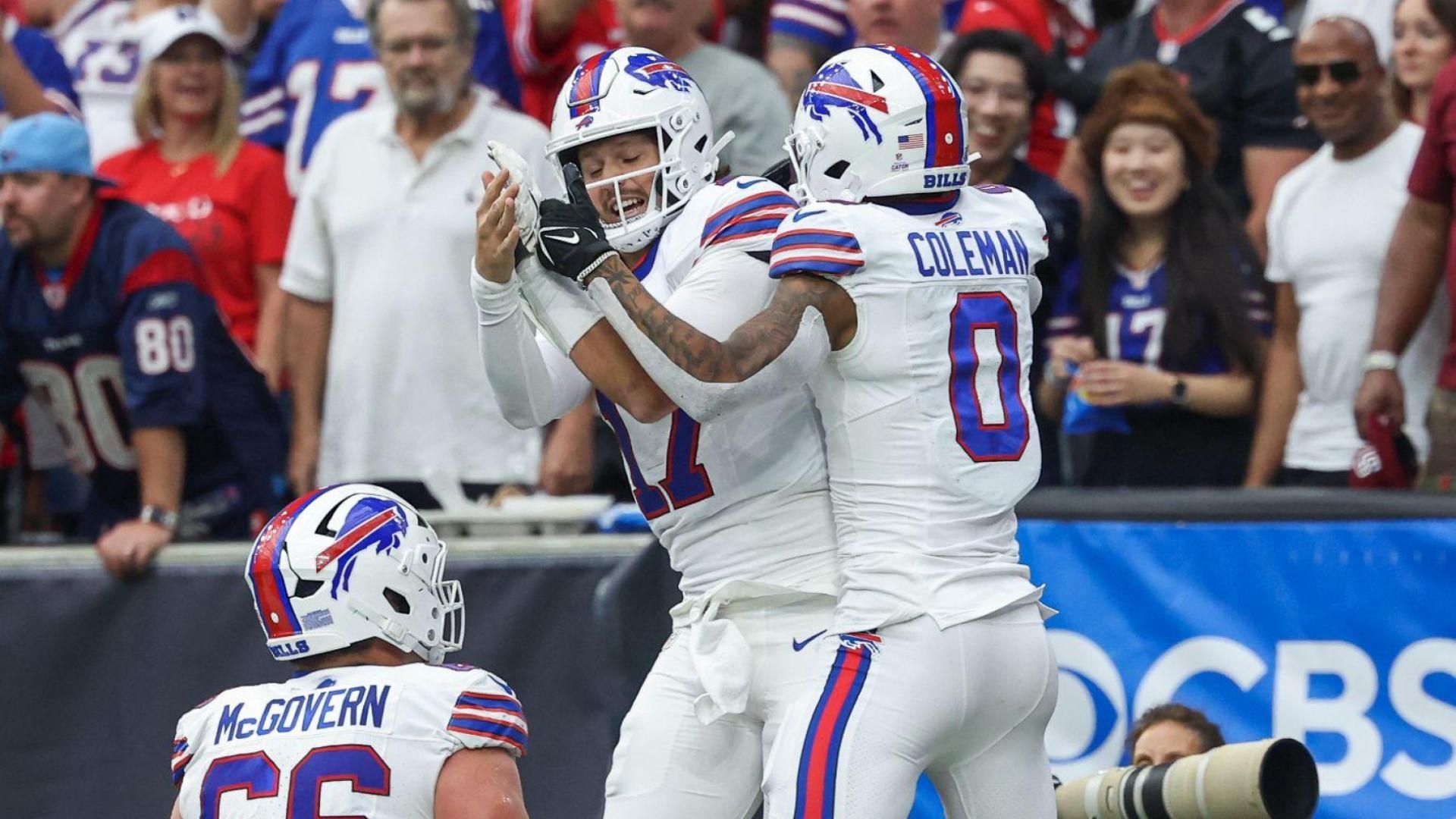 Buffalo Bills quarterback Josh Allen (17) celebrates with wide receiver Keon Coleman (0) after a touchdown during the third quarter against the Houston Texans at NRG Stadium.
