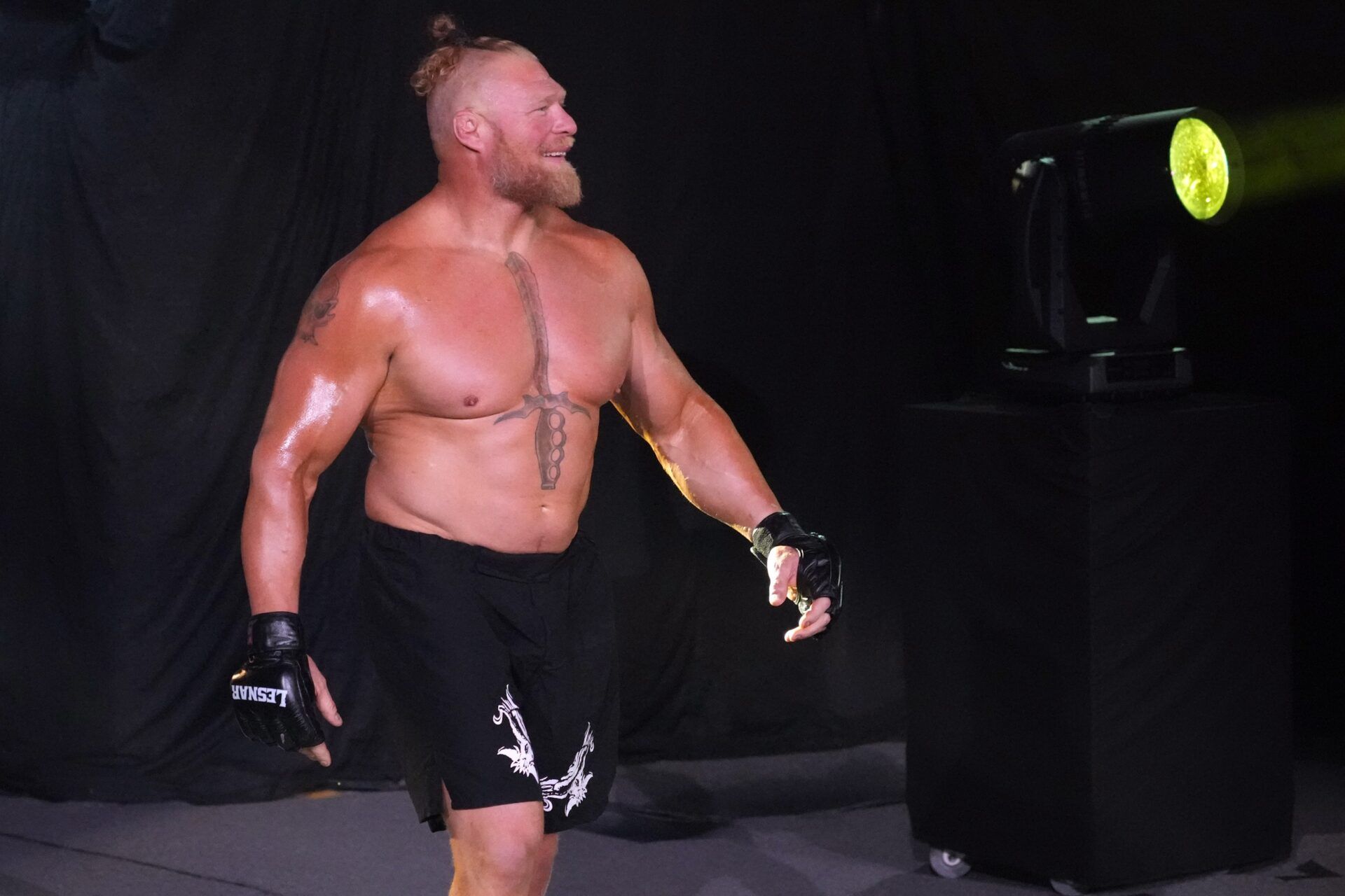 Brock Lesnar enters the arena to face Roman Reigns (not pictured) in a last man standing match for the Undisputed Championship during SummerSlam at Nissan Stadium.
