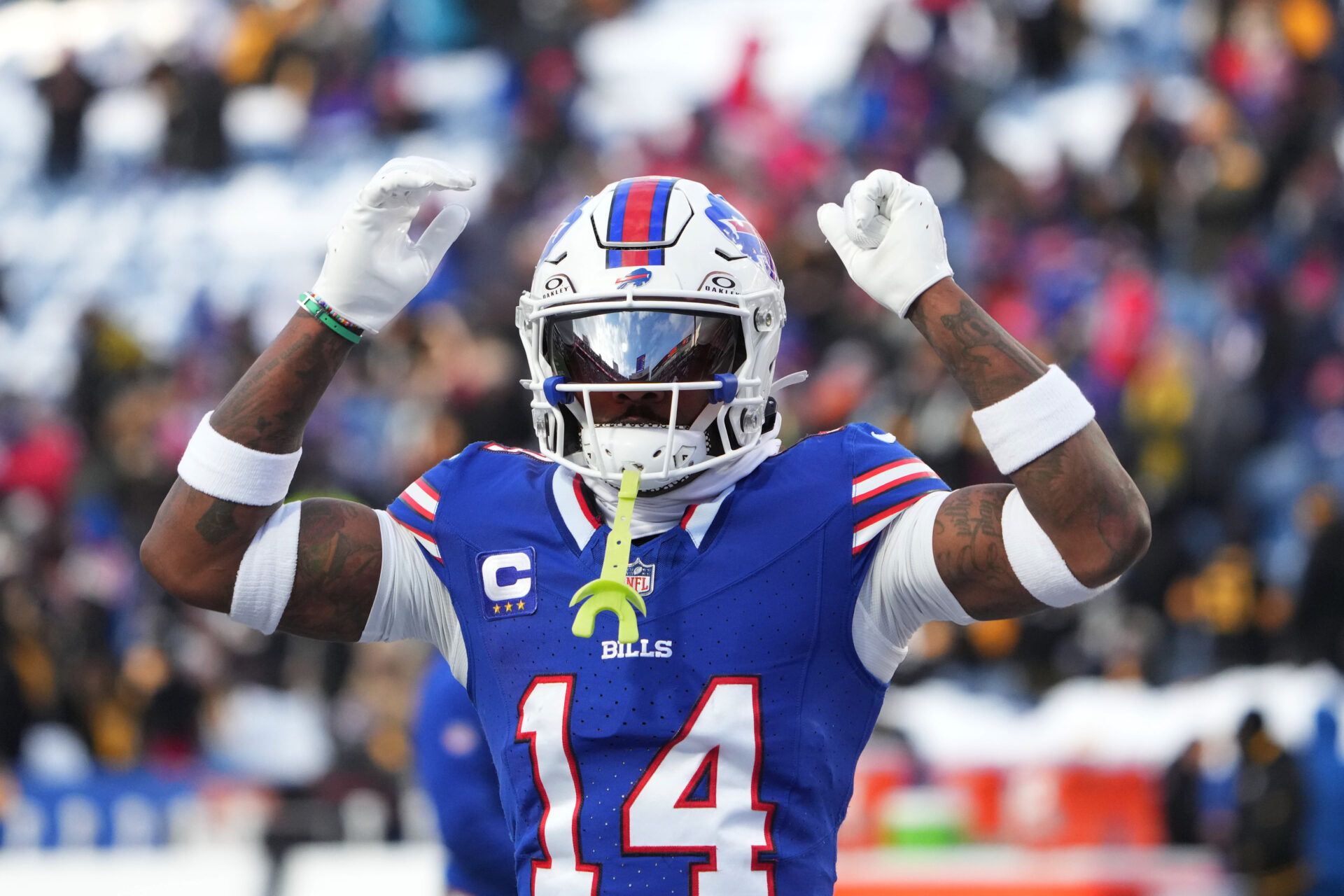 Jan 15, 2024; Orchard Park, New York, USA; Buffalo Bills wide receiver Stefon Diggs (14) warms up before the game against the Pittsburgh Steelers in a 2024 AFC wild card game at Highmark Stadium. Mandatory Credit: Kirby Lee-USA TODAY Sports