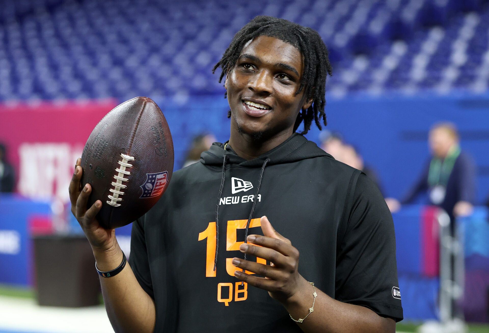 INDIANAPOLIS, INDIANA - MARCH 01: Cameron Ward #QB15 of Miami-FL looks o during the NFL Scouting Combine at Lucas Oil Stadium on March 01, 2025 in Indianapolis, Indiana. (Photo by Stacy Revere/Getty Images)