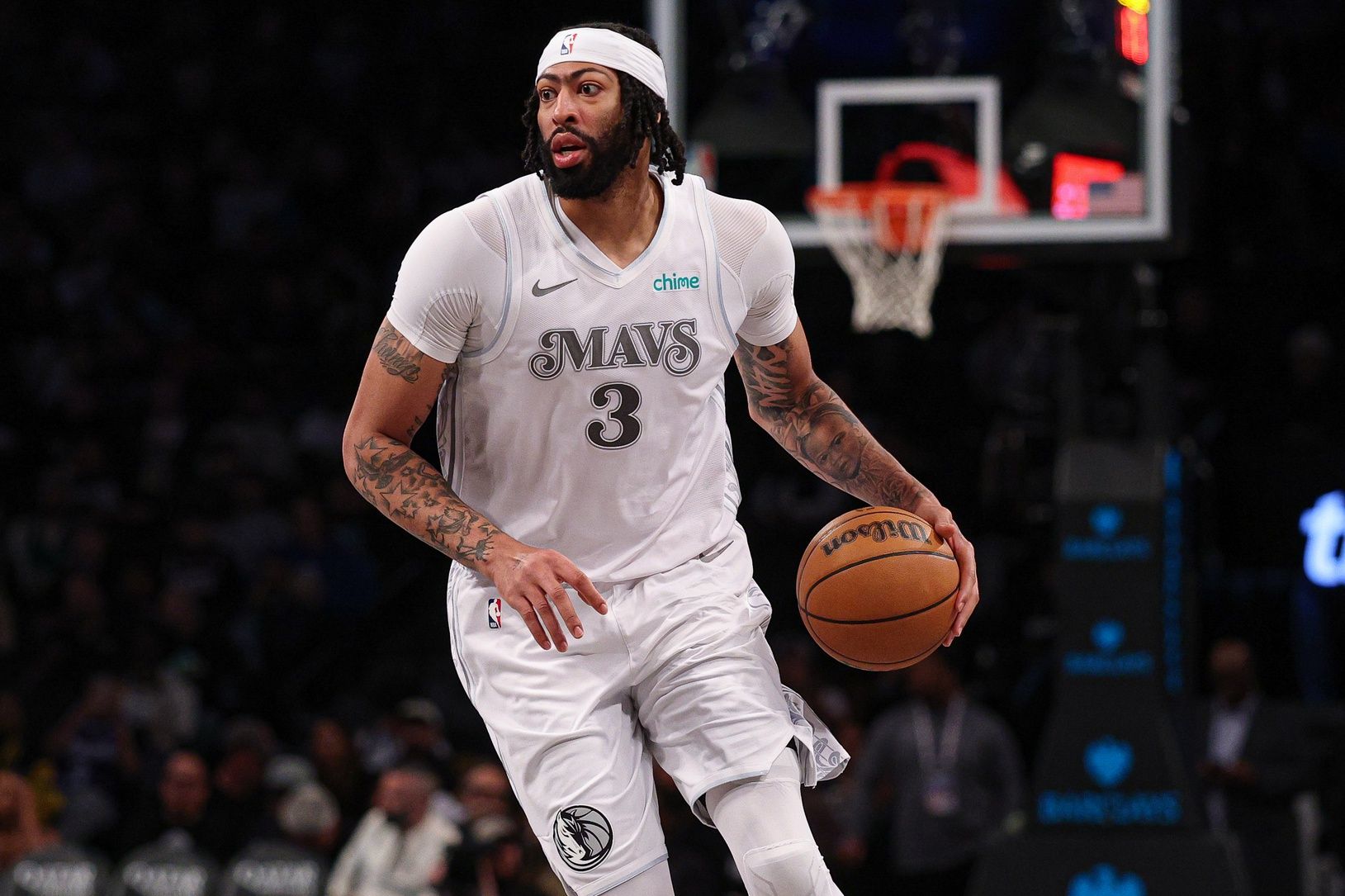 Dallas Mavericks forward Anthony Davis (3) dribbles up court during the second half against the Brooklyn Nets at Barclays Center.