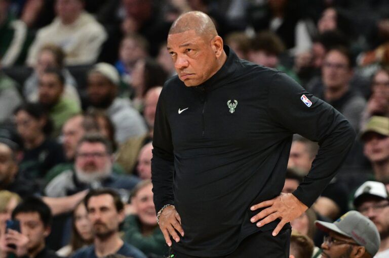 Milwaukee Bucks head coach Doc Rivers looks on in the second quarter against the Oklahoma City Thunder at Fiserv Forum.