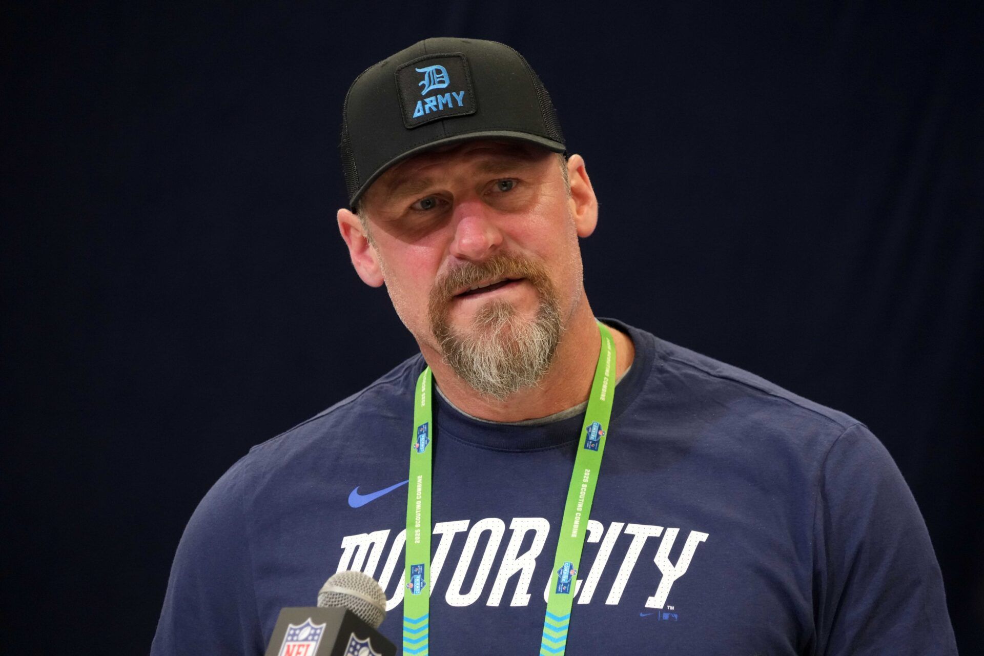 Detroit Lions coach Dan Campbell speaks during the NFL Scouting Combine at the Indiana Convention Center.