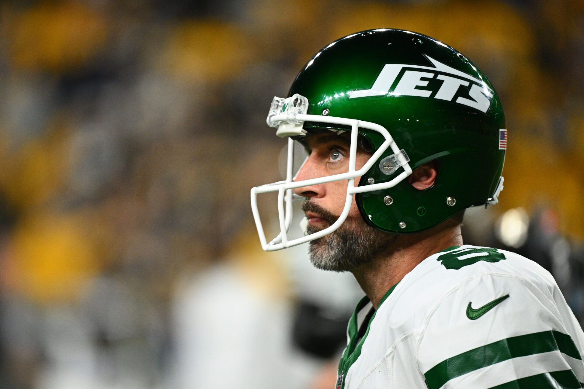 PITTSBURGH, PENNSYLVANIA - OCTOBER 20: Aaron Rodgers #8 of the New York Jets looks on during warm ups prior to the game against the Pittsburgh Steelers at Acrisure Stadium on October 20, 2024 in Pittsburgh, Pennsylvania. (Photo by Justin Berl/Getty Images)