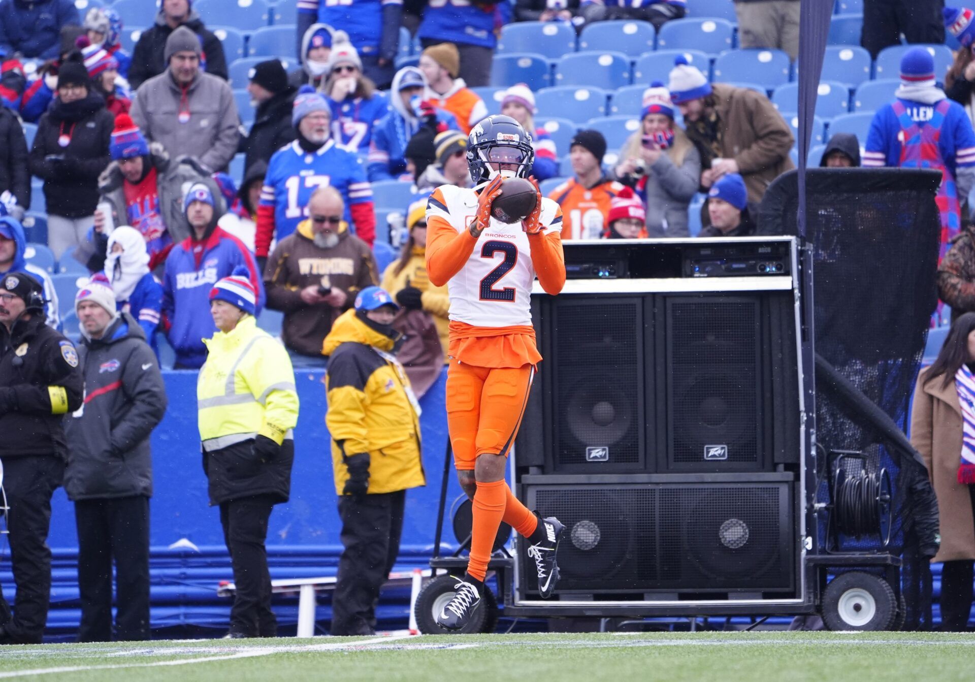 Denver Broncos cornerback Pat Surtain II (2) warms up before a game against the Buffalo Bills in an AFC wild card game at Highmark Stadium.