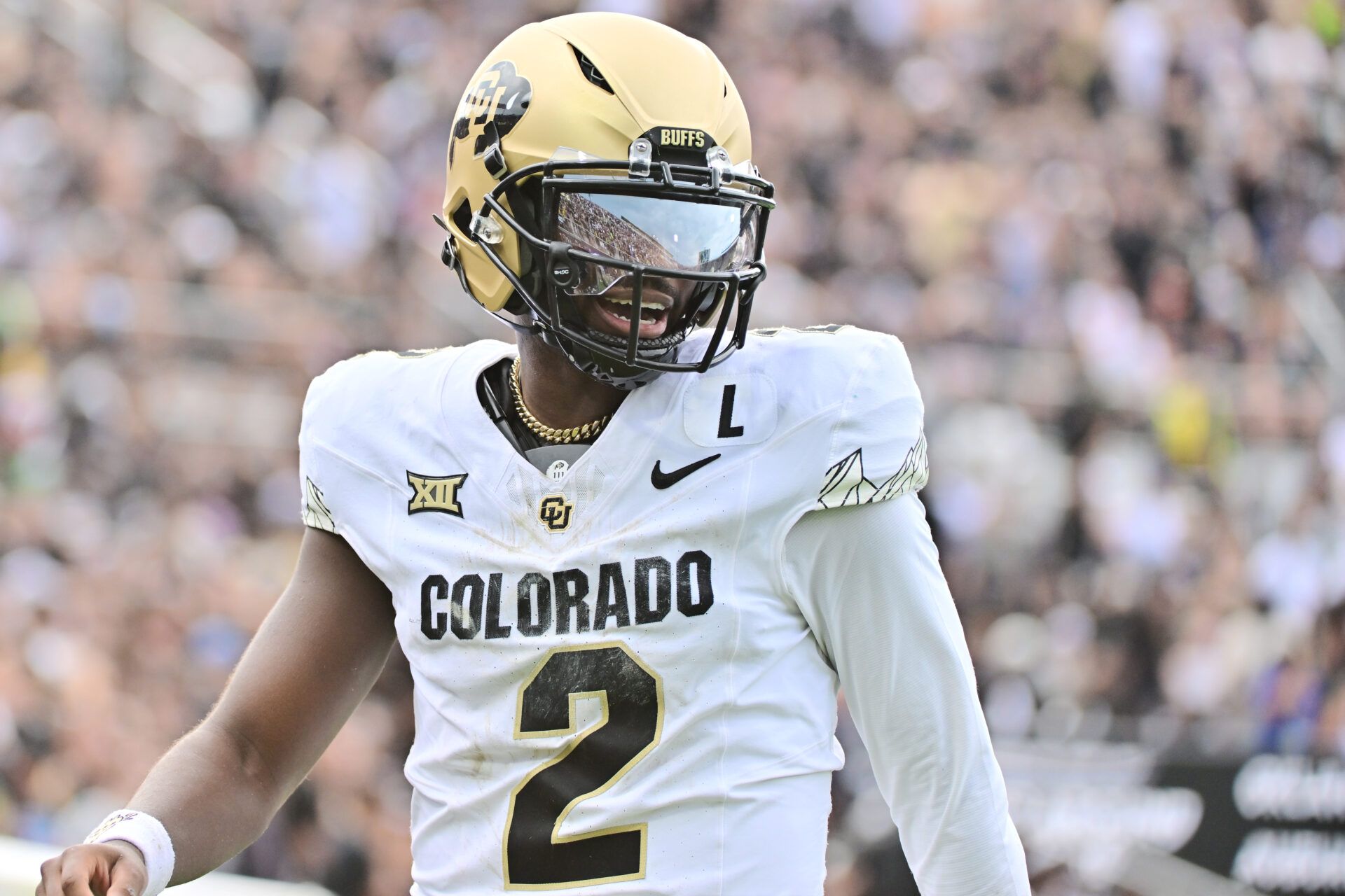 ORLANDO, FLORIDA - SEPTEMBER 28: Shedeur Sanders #2 of the Colorado Buffaloes reacts after a touchdown in the first half of a game against the UCF Knights at FBC Mortgage Stadium on September 28, 2024 in Orlando, Florida. (Photo by Julio Aguilar/Getty Images)