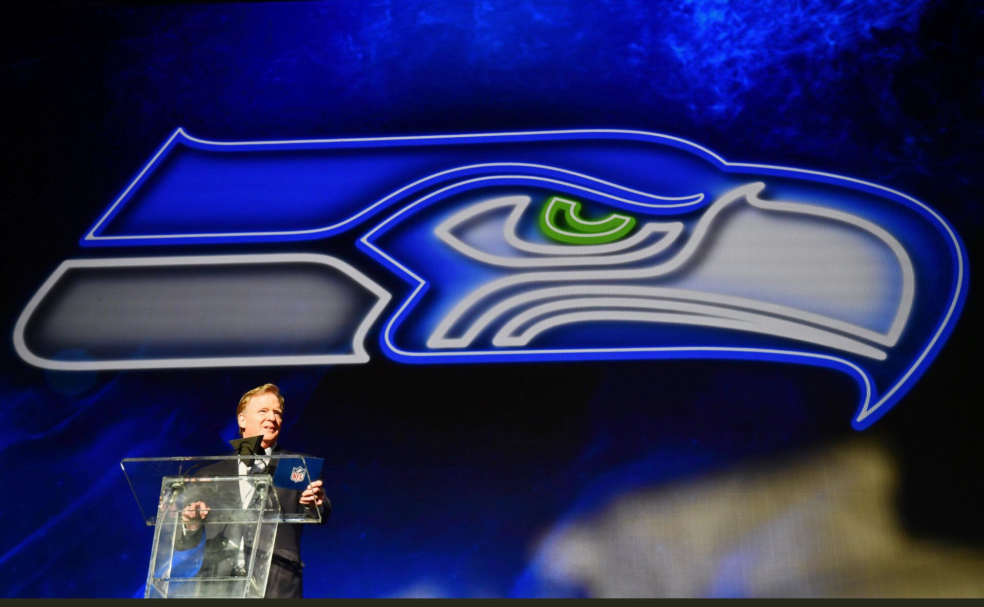 Apr 28, 2022; Las Vegas, NV, USA; NFL commissioner Roger Goodell announces Mississippi State offensive tackle Charles Cross as the ninth overall pick to the Seattle Seahawks during the first round of the 2022 NFL Draft at the NFL Draft Theater. Mandatory Credit: Gary Vasquez-USA TODAY Sports
