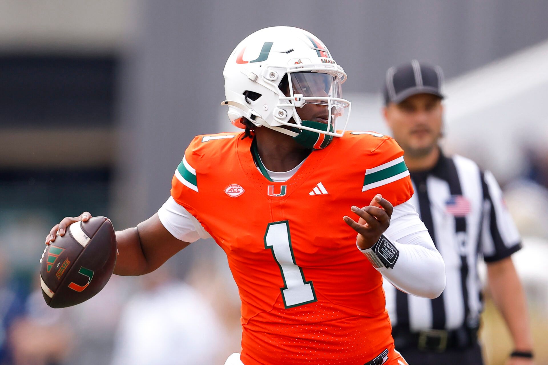 ATLANTA, GEORGIA - NOVEMBER 9: Cam Ward #1 of the Miami Hurricanes passes during the first quarter against the Georgia Tech Yellow Jackets at Bobby Dodd Stadium on November 9, 2024 in Atlanta, Georgia. (Photo by Todd Kirkland/Getty Images)