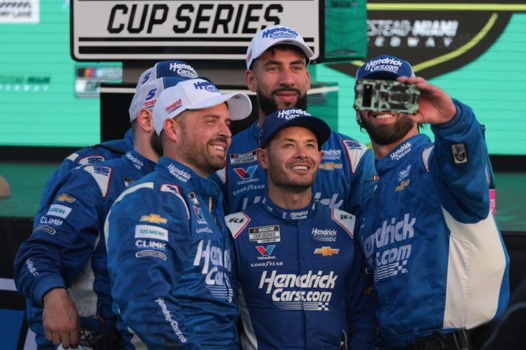 NASCAR Cup Series driver Kyle Larson (5) celebrates with teammates after winning the Straight Talk Wireless 400 at Homestead-Miami Speedway.