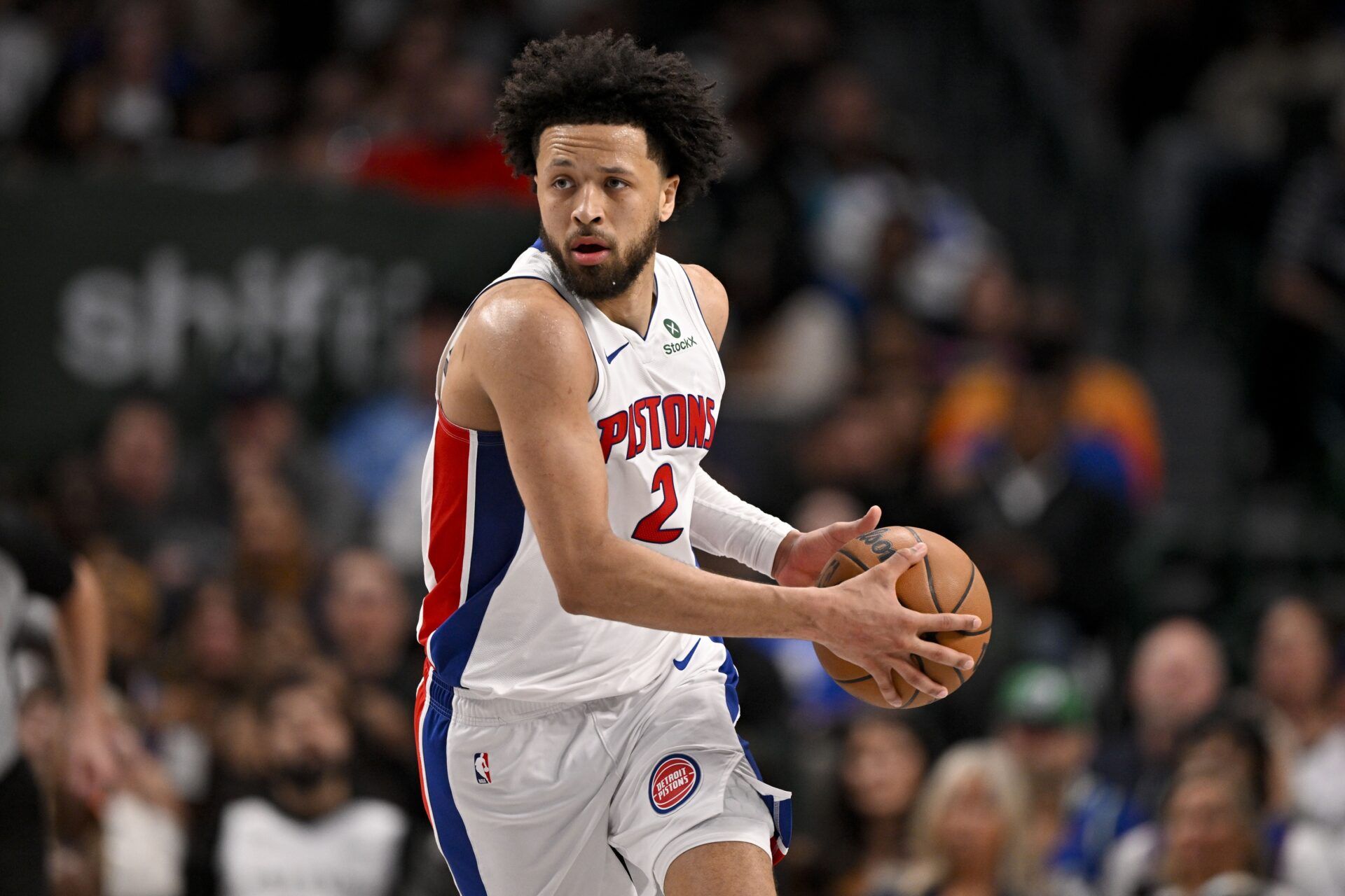 Detroit Pistons guard Cade Cunningham (2) brings the ball up court against the Dallas Mavericks during the second half at the American Airlines Center.