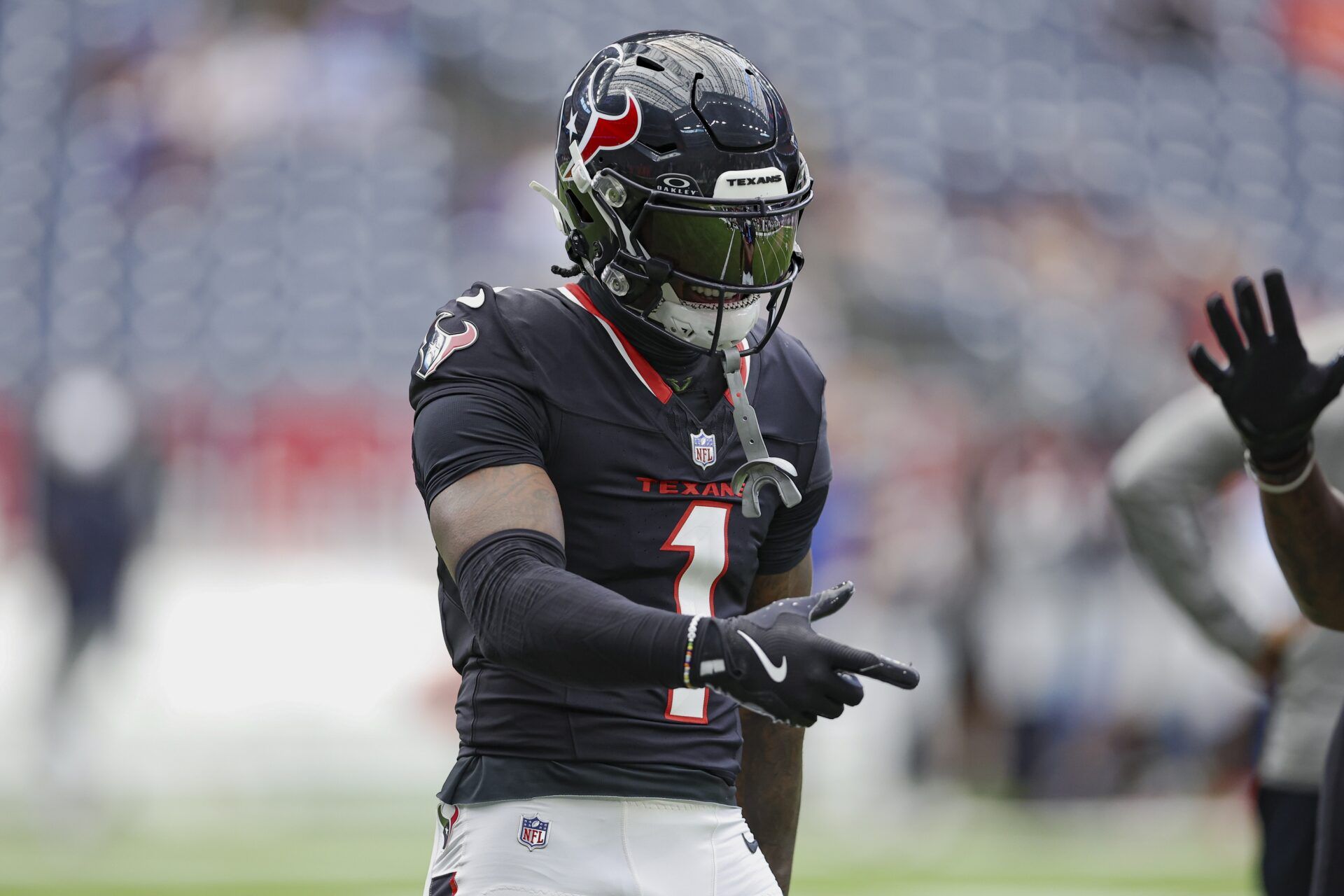 Houston Texans wide receiver Stefon Diggs (1) before the game against the New York Giants at NRG Stadium.