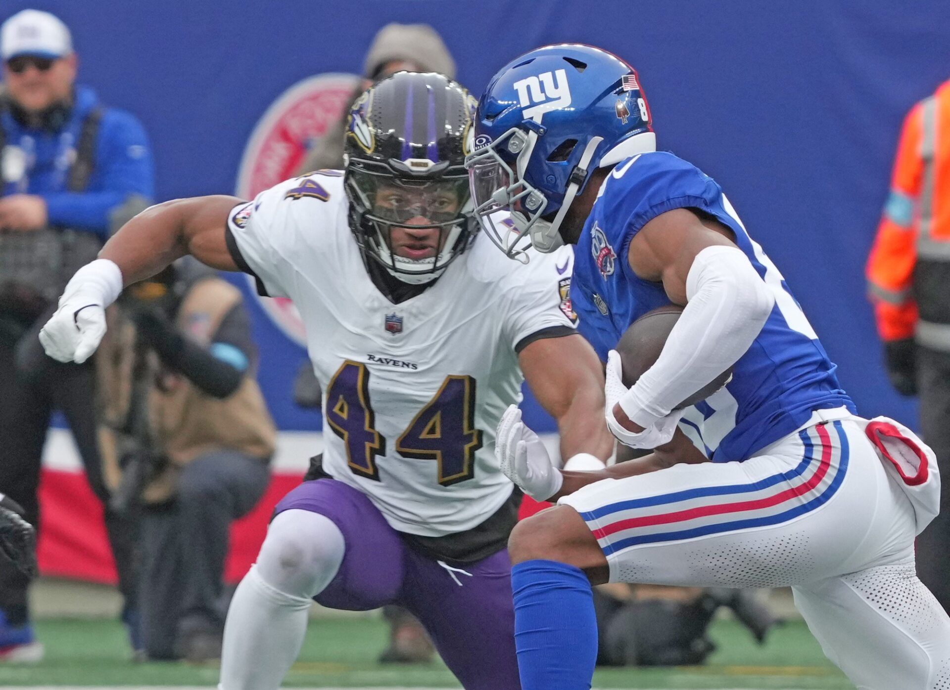 Marlon Humphrey of the Ravens lines up Darius Slayton of the Giants in the first half. The Baltimore Ravens came to MetLife Stadium to play the New York Giants.