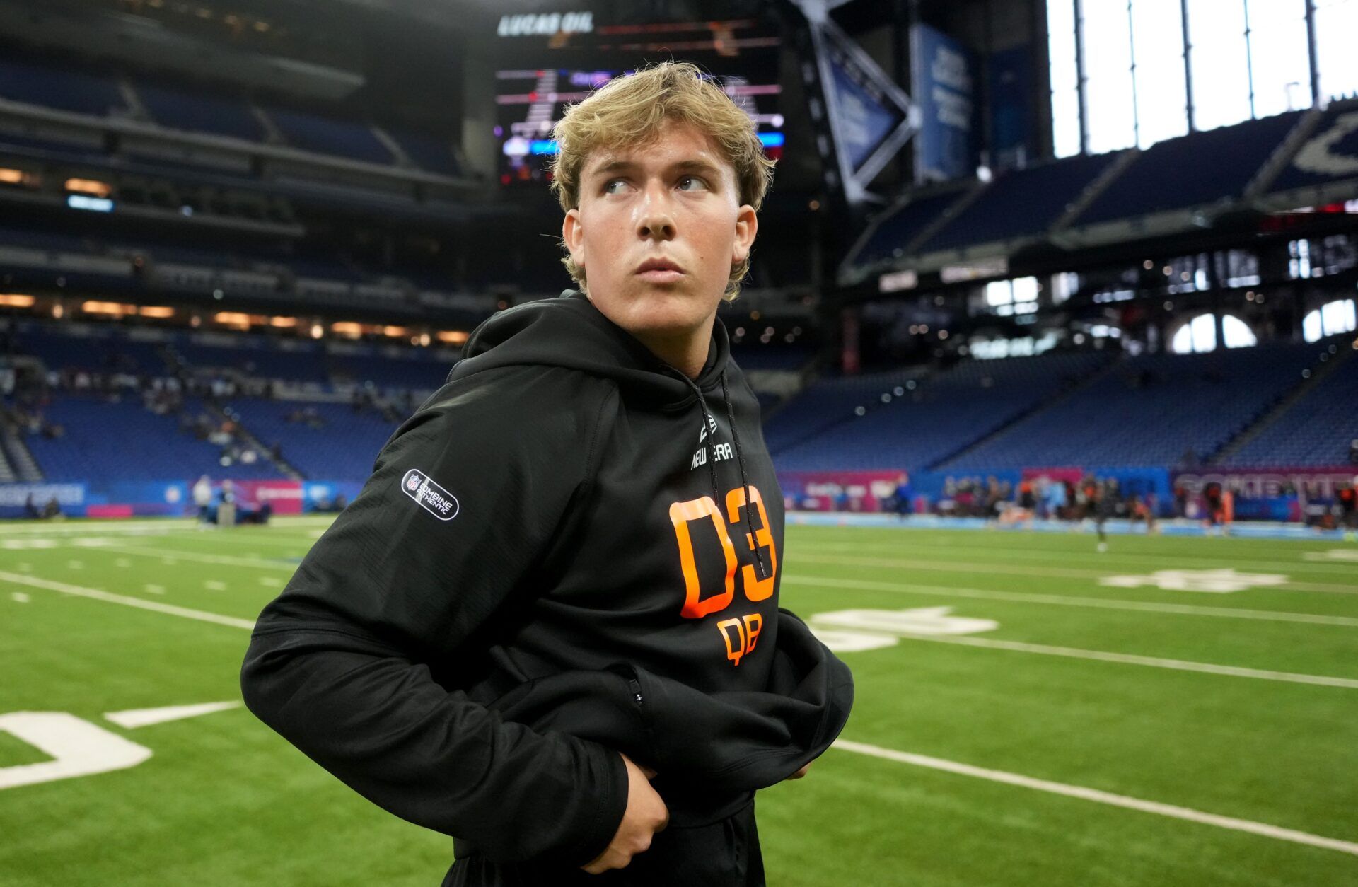 Mississippi quarterback Jaxson Dart (QB03) during the 2025 NFL Combine at Lucas Oil Stadium.