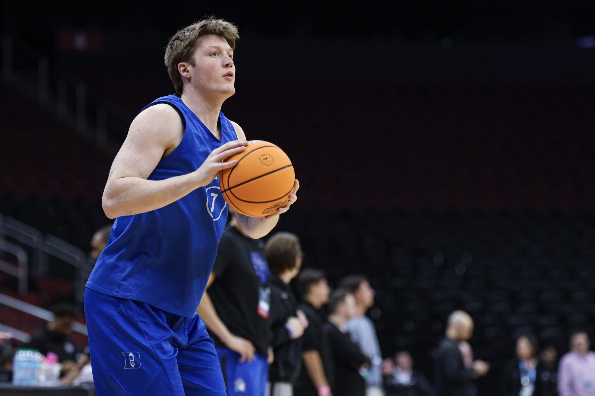 Duke Blue Devils guard Kon Knueppel (7) during a practice session in preparation for an East Regional semifinal game against the Arizona Wildcats at Prudential Center.