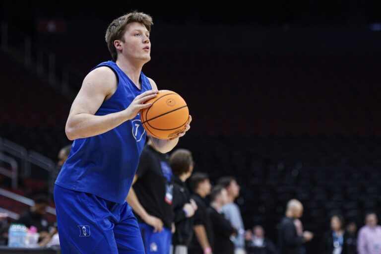 Duke Blue Devils guard Kon Knueppel (7) during a practice session in preparation for an East Regional semifinal game against the Arizona Wildcats at Prudential Center.