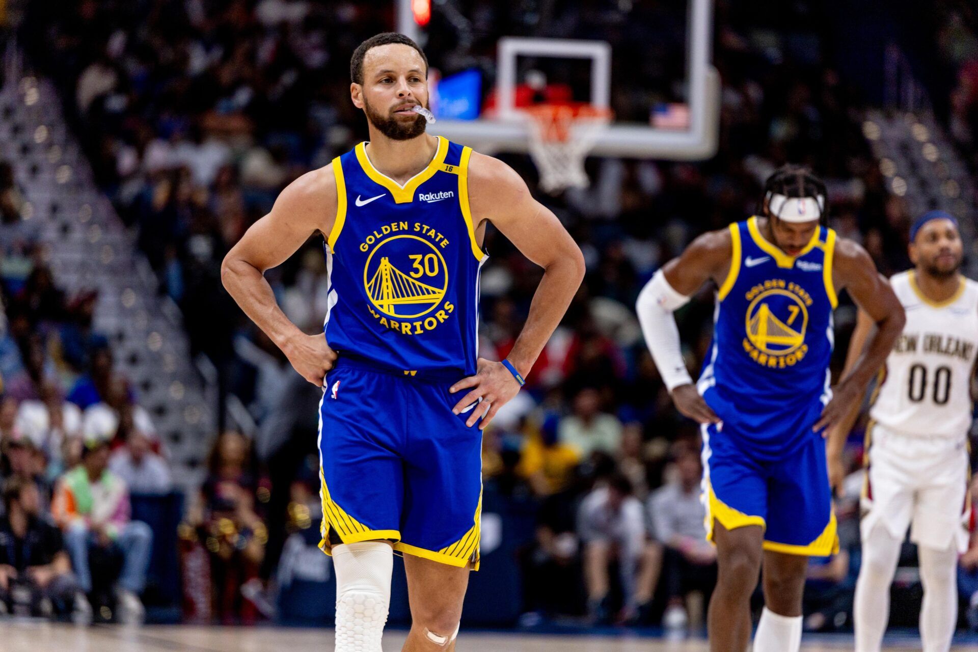 Golden State Warriors guard Stephen Curry (30) looks on against the New Orleans Pelicans during the first half at Smoothie King Center.