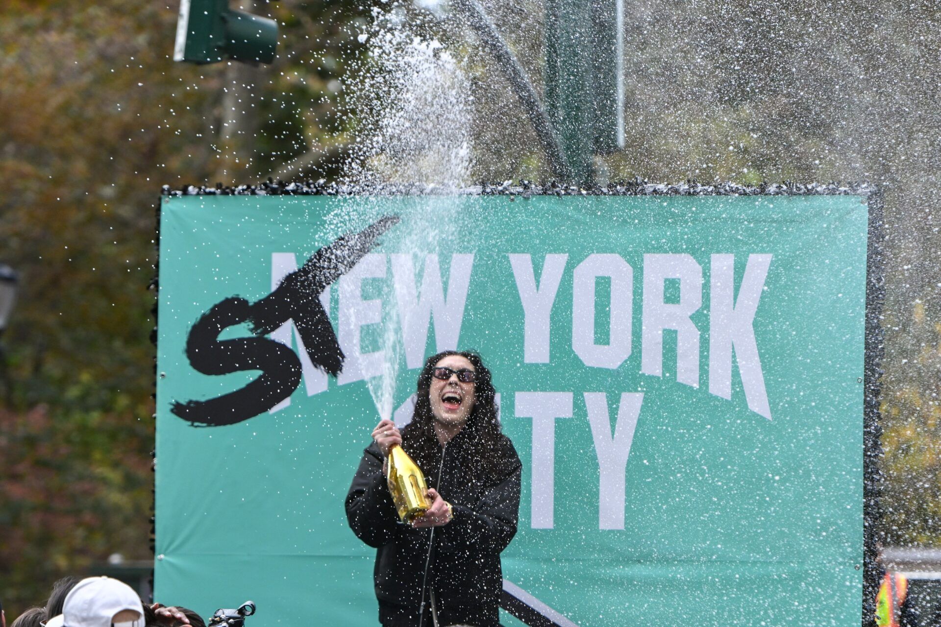 New York Liberty forward Breanna Stewart reacts during the New York Liberty championship parade along the Canyon of Heroes in New York.