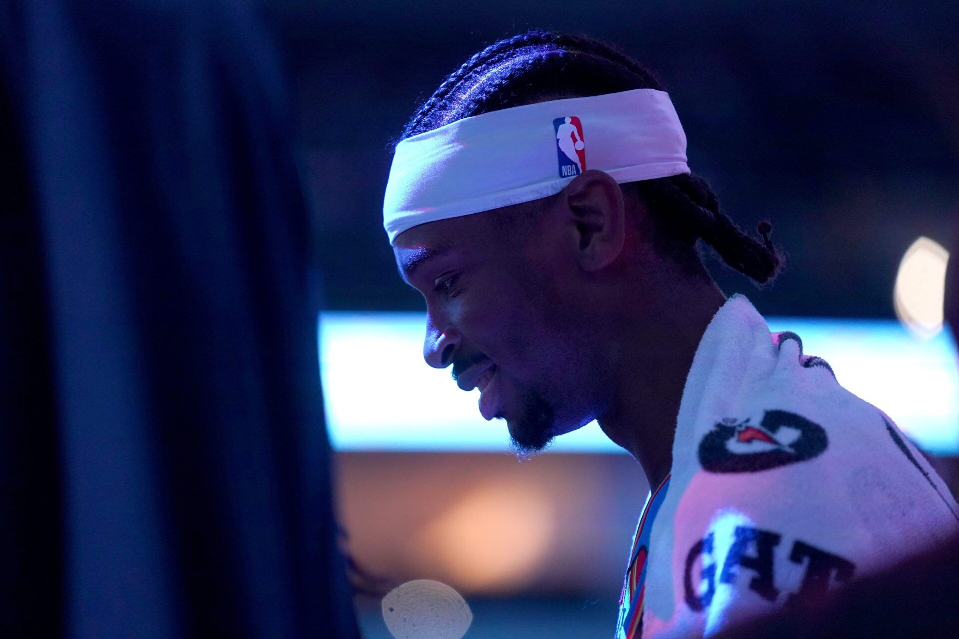 Oklahoma City Thunder guard Shai Gilgeous-Alexander (2) stands outside the team huddle during a timeout against the Sacramento Kings in the second quarter at the Golden 1 Center.