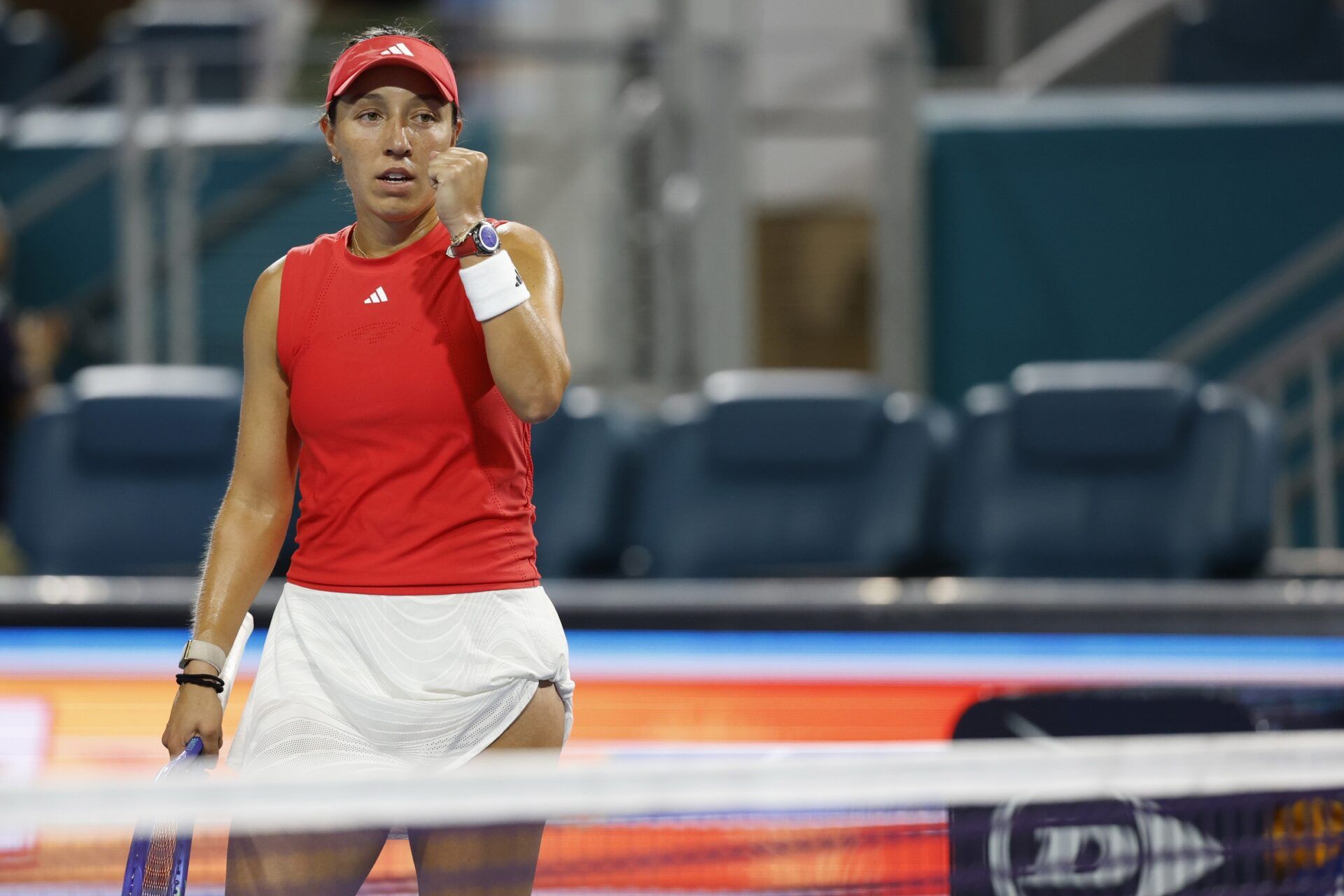 Jessica Pegula (USA) celebrates after her match against Alexandra Eala (PHL)(not pictured) in a women's singles semifinal on day ten of the Miami Open at Hard Rock Stadium.