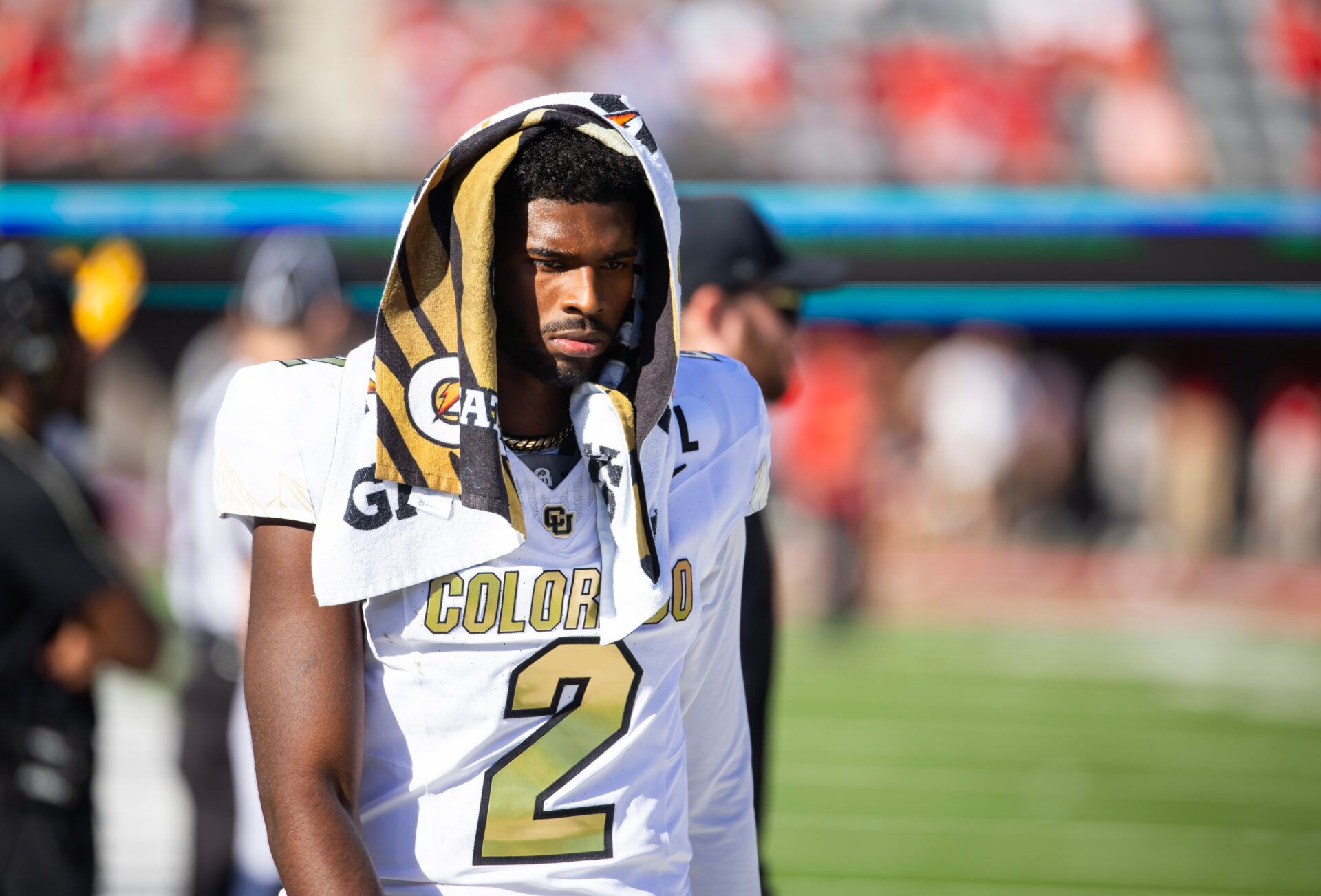 Oct 19, 2024; Tucson, Arizona, USA; Colorado Buffalos quarterback Shedeur Sanders (2) reacts against the Arizona Wildcats at Arizona Stadium. Mandatory Credit: Mark J. Rebilas-Imagn Images