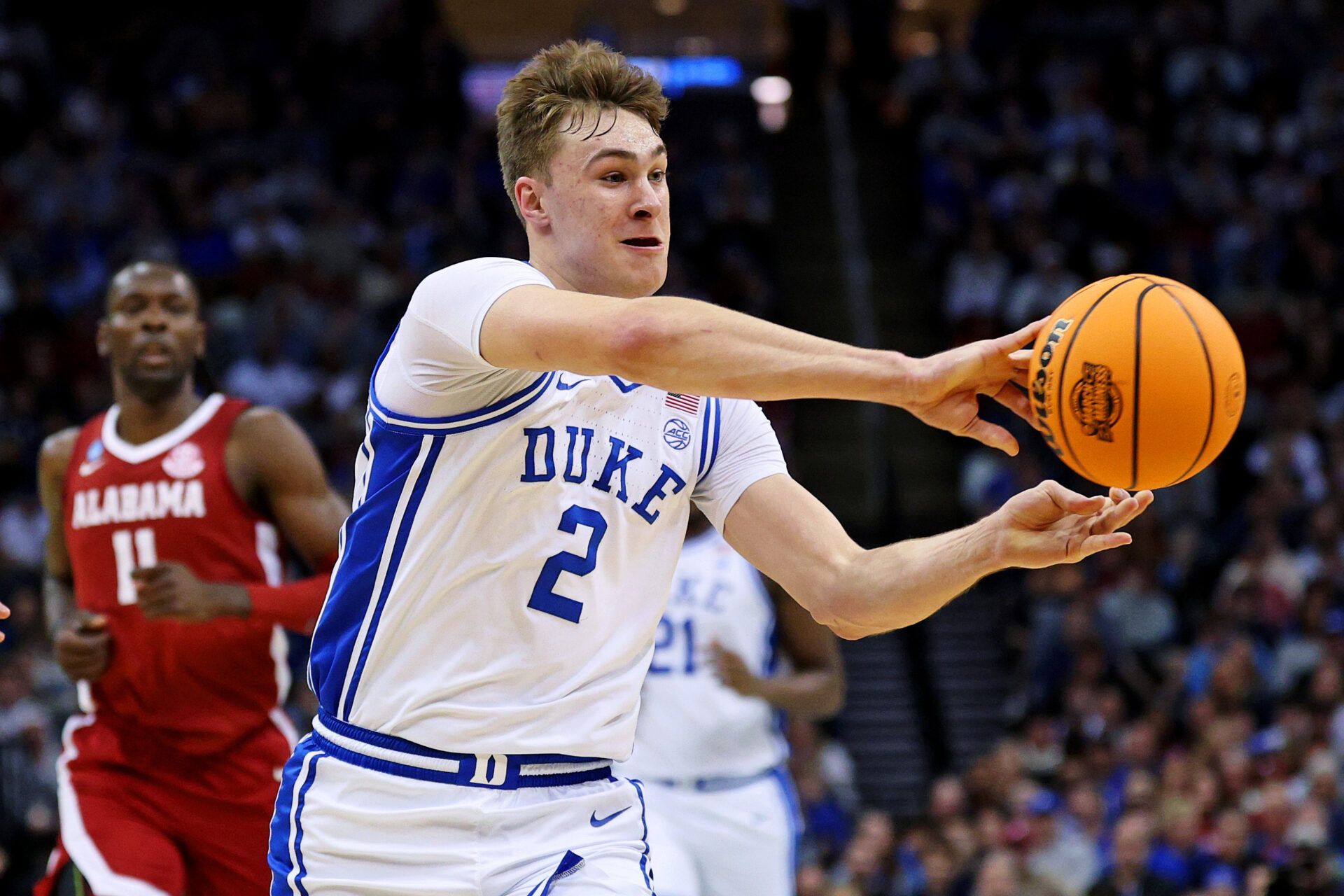 Mar 29, 2025; Newark, NJ, USA; Duke Blue Devils forward Cooper Flagg (2) passes the ball during the first half against the Alabama Crimson Tide in the East Regional final of the 2025 NCAA tournament at Prudential Center. Mandatory Credit: Vincent Carchietta-Imagn Images
