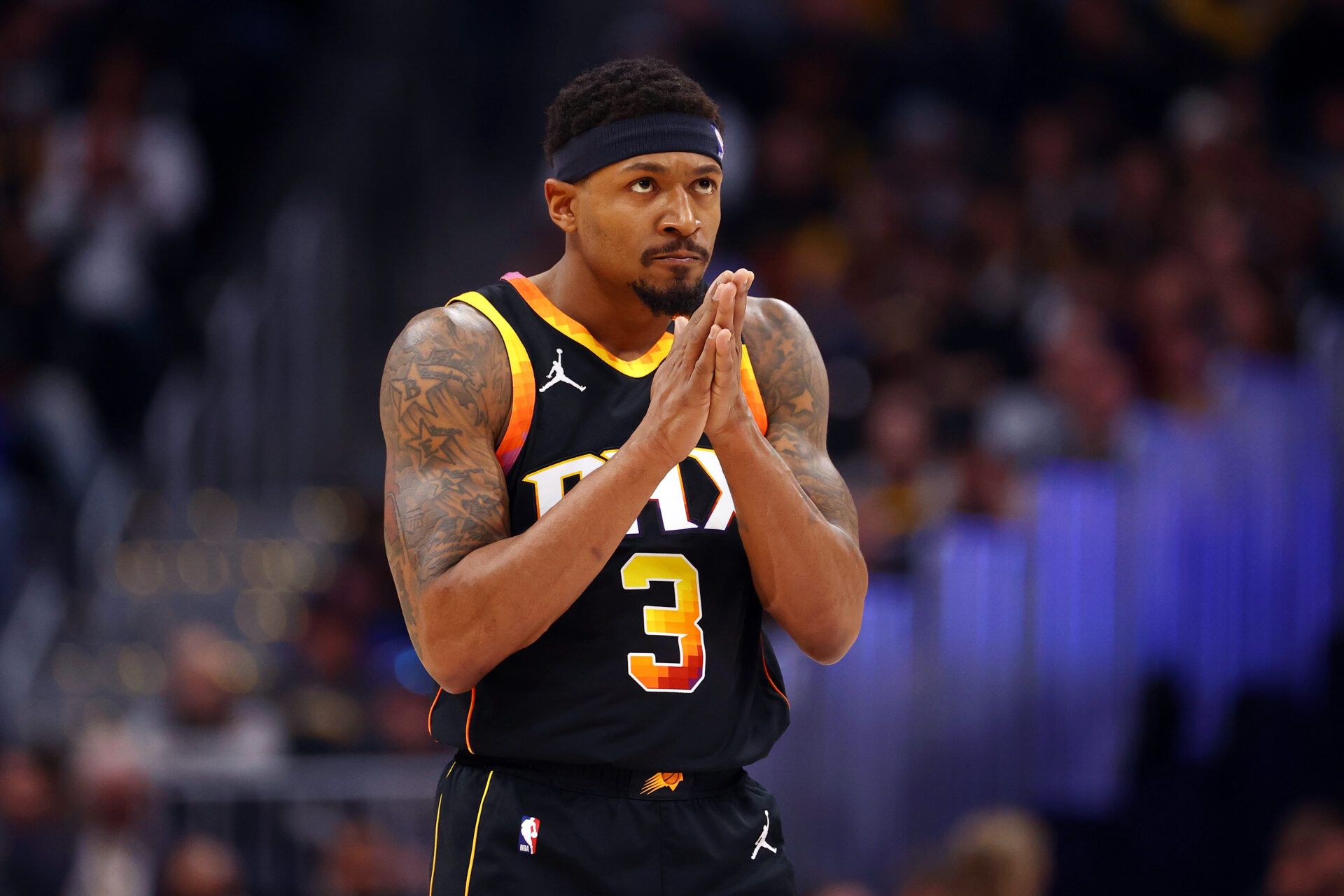 DENVER, COLORADO - MARCH 07: Bradley Beal #3 of the Phoenix Suns looks on in a game against the Denver Nuggets during the third quarter at Ball Arena on March 7, 2025 in Denver, Colorado. NOTE TO USER: User expressly acknowledges and agrees that, by downloading and/or using this Photograph, user is consenting to the terms and conditions of the Getty Images License Agreement. (Photo by Tyler McFarland/Clarkson Creative/Getty Images)