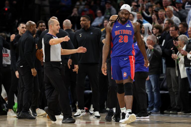 Detroit Pistons center Isaiah Stewart (28) reacts after a fight against the Minnesota Timberwolves during the second quarter at Target Center. Stewart was later ejected from the game.