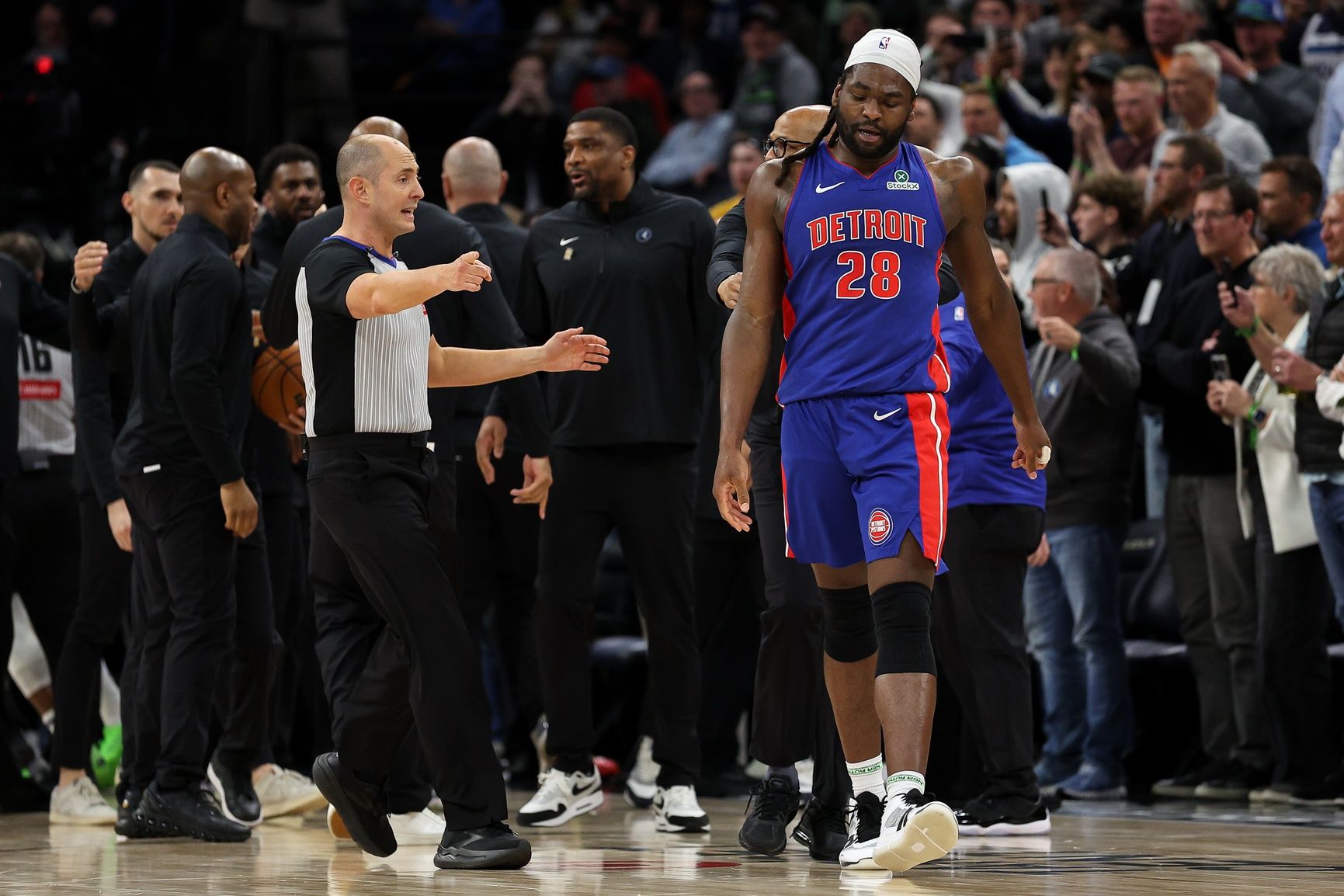 Detroit Pistons center Isaiah Stewart (28) reacts after a fight against the Minnesota Timberwolves during the second quarter at Target Center. Stewart was later ejected from the game.