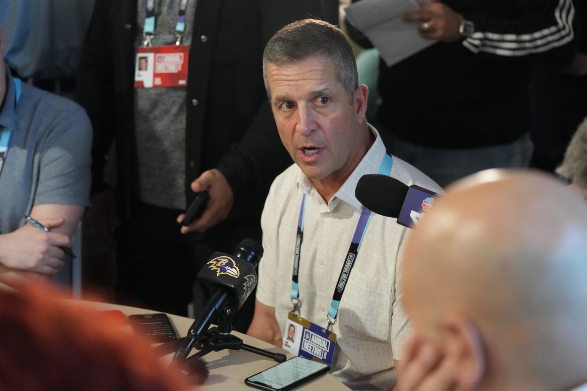 Baltimore Ravens head coach John Harbaugh answers questions from the media during the NFL Annual League Meeting at The Breakers.
