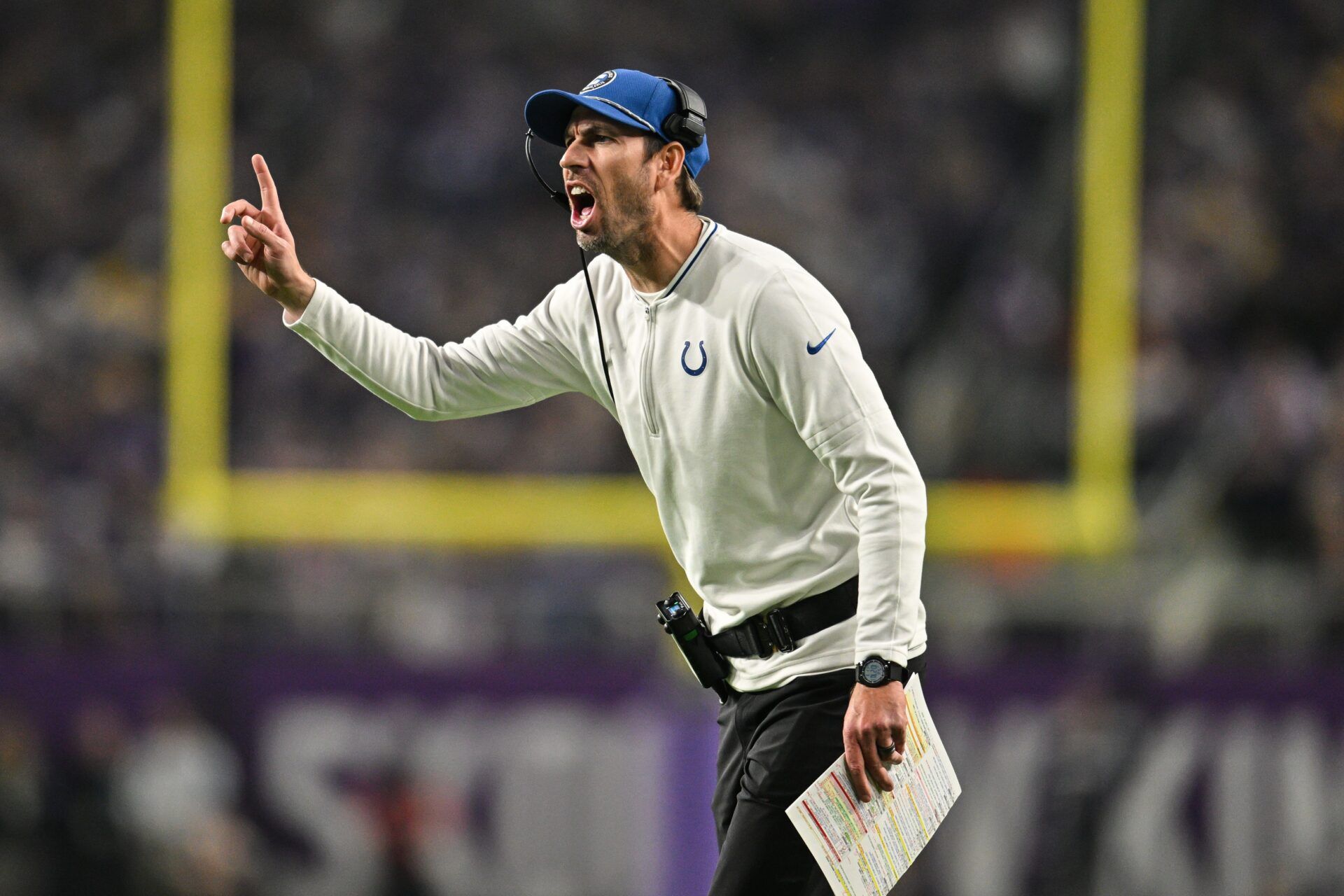 Indianapolis Colts head coach Shane Steichen reacts during the second quarter against the Minnesota Vikings at U.S. Bank Stadium.