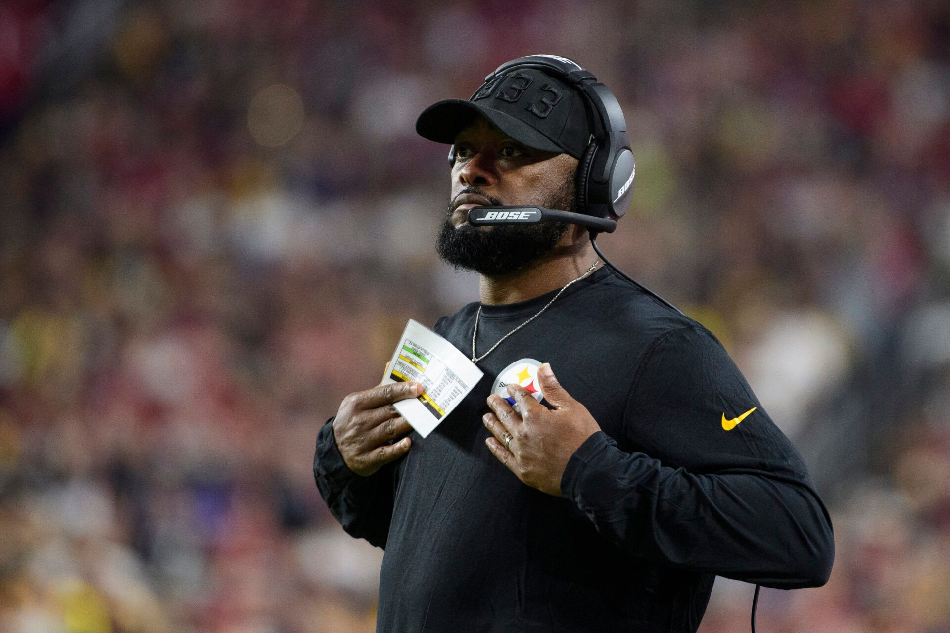 GLENDALE, ARIZONA - DECEMBER 08: Head coach Mike Tomlin of the Pittsburgh Steelers reacts on the sidelines of the NFL game against the Arizona Cardinals at State Farm Stadium on December 08, 2019 in Glendale, Arizona. The Pittsburgh Steelers won 23-17. (Photo by Jennifer Stewart/Getty Images)
