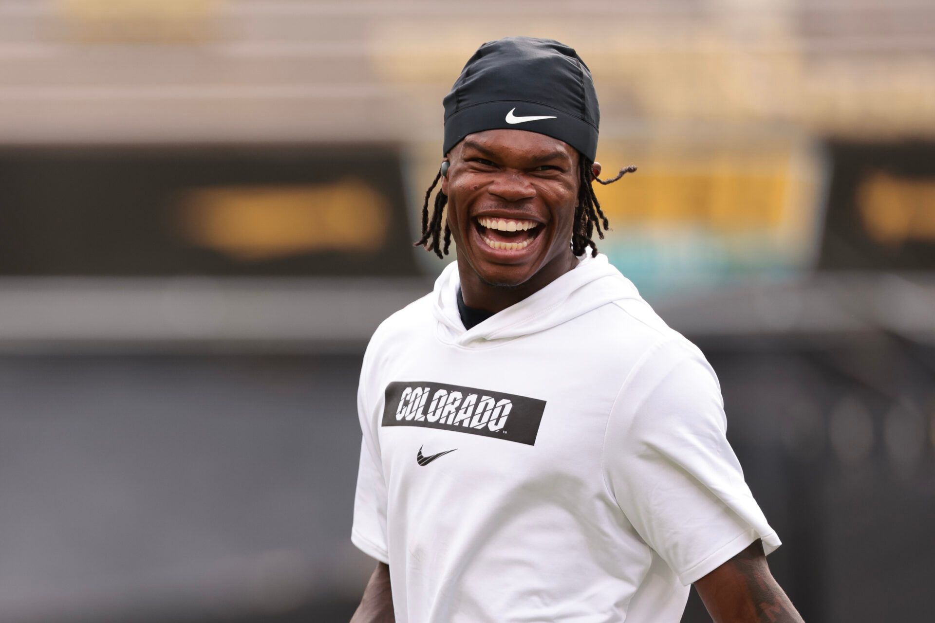 BOULDER, COLORADO - AUGUST 29: Travis Hunter #12 of the Colorado Buffaloes reacts while warming up prior to the game against the North Dakota State Bison at Folsom Field on August 29, 2024 in Boulder, Colorado. (Photo by Andrew Wevers/Getty Images)