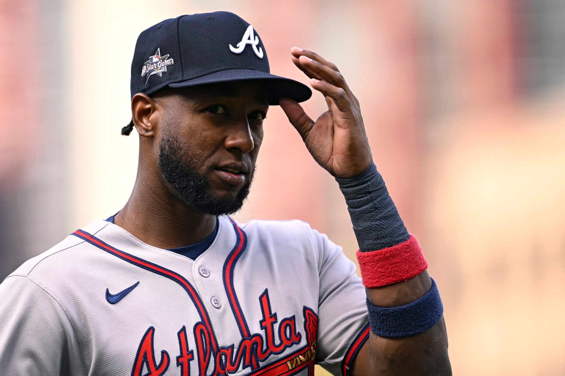 SAN DIEGO, CALIFORNIA - MARCH 30: Jurickson Profar #7 of the Atlanta Braves looks on during the first inning against the San Diego Padres at Petco Park on March 30, 2025 in San Diego, California. (Photo by Orlando Ramirez/Getty Images)