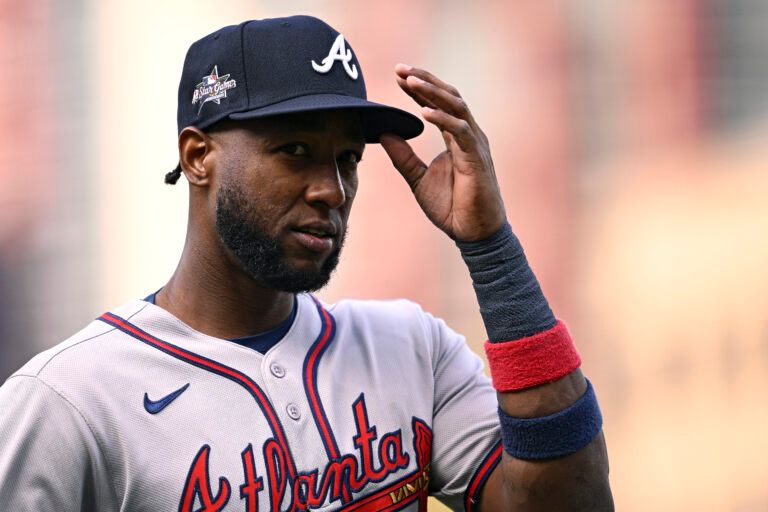 SAN DIEGO, CALIFORNIA - MARCH 30: Jurickson Profar #7 of the Atlanta Braves looks on during the first inning against the San Diego Padres at Petco Park on March 30, 2025 in San Diego, California. (Photo by Orlando Ramirez/Getty Images)