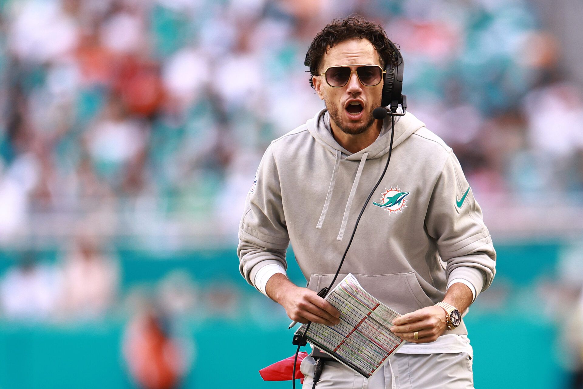 MIAMI GARDENS, FLORIDA - DECEMBER 08: Head coach Mike McDaniel of the Miami Dolphins reacts to a play in the second quarter of a game against the New York Jets at Hard Rock Stadium on December 08, 2024 in Miami Gardens, Florida. (Photo by Carmen Mandato/Getty Images)