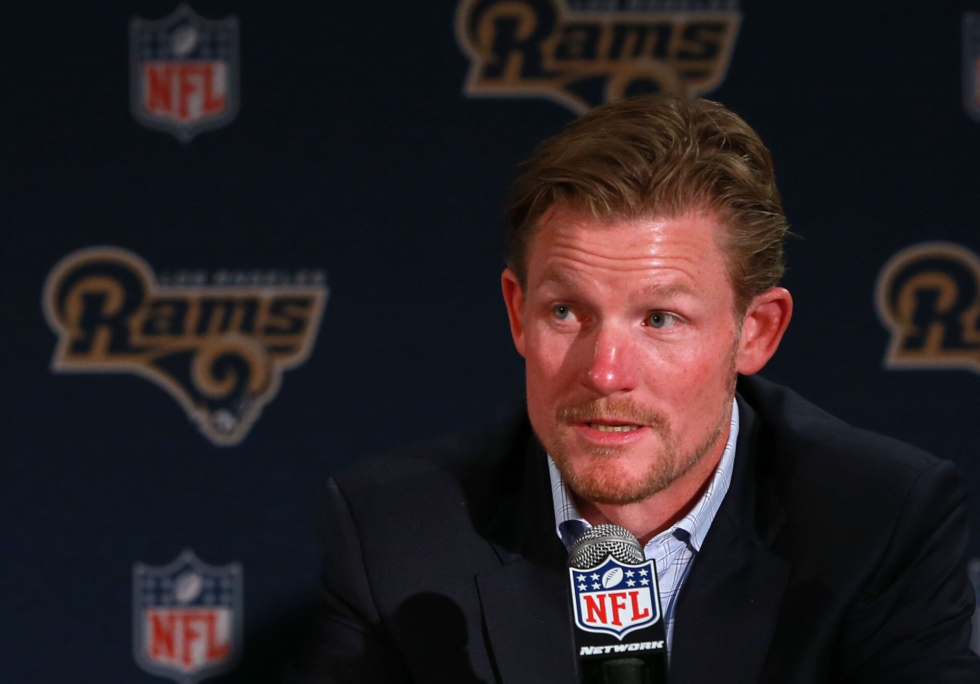 LOS ANGELES, CA - APRIL 29: General Manager Les Snead of the Los Angeles Rams speaks onstage during the press conference to introduce Jared Goff, the Los Angeles Rams' first pick and first overall pick of the 2016 NFL Draft, on April 29, 2016 in Los Angeles, California. (Photo by Victor Decolongon/Getty Images)