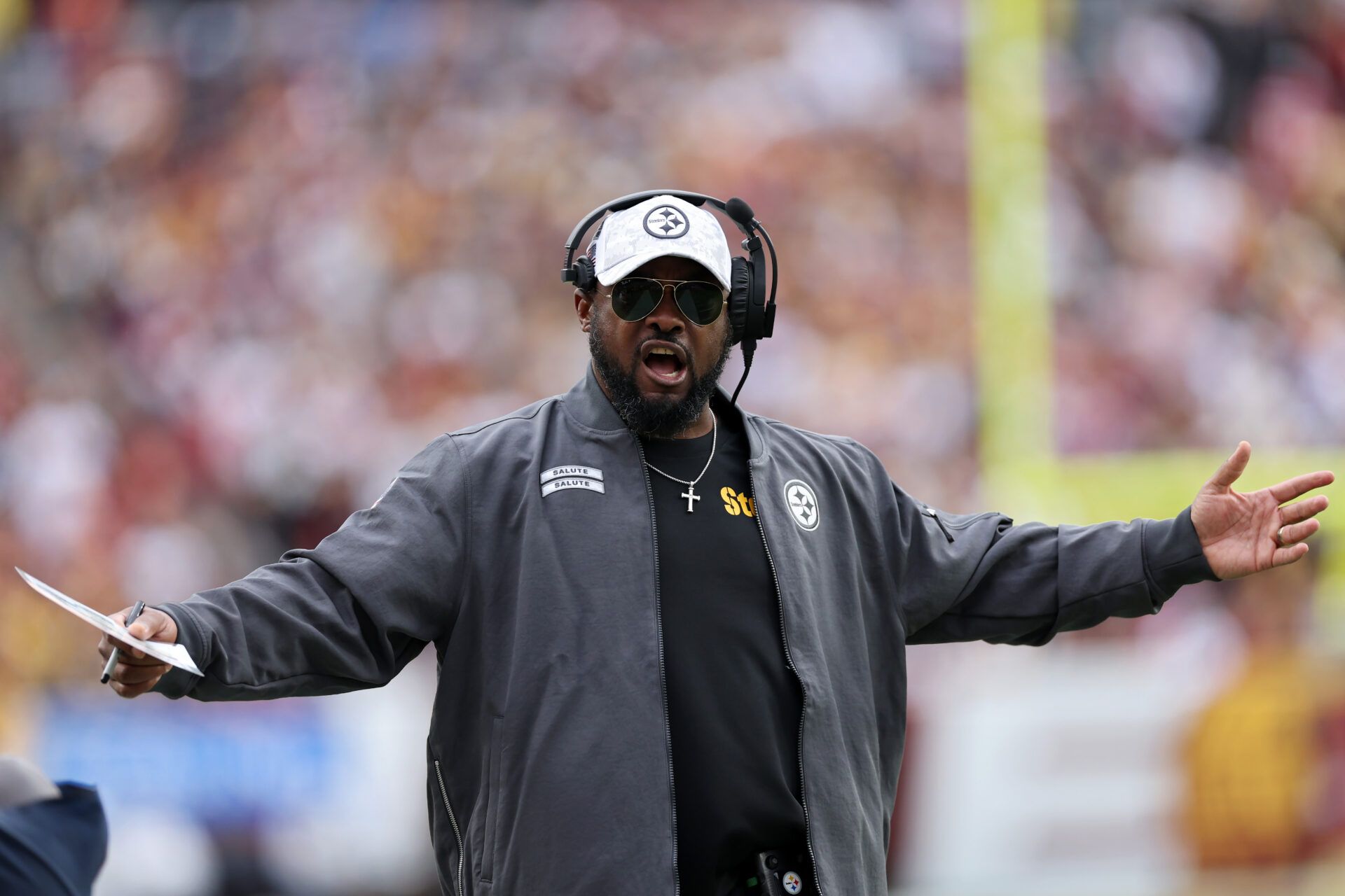 LANDOVER, MARYLAND - NOVEMBER 10: Head coach Mike Tomlin of the Pittsburgh Steelers reacts to a play in the second quarter of a game against the Washington Commanders at Northwest Stadium on November 10, 2024 in Landover, Maryland. (Photo by Patrick Smith/Getty Images)