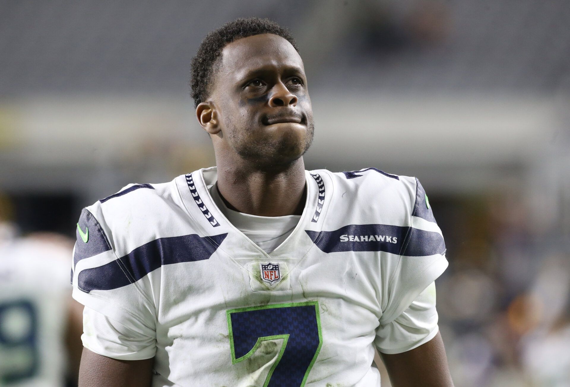 Oct 17, 2021; Pittsburgh, Pennsylvania, USA; Seattle Seahawks quarterback Geno Smith (7) reacts as he leaves the field after the Pittsburgh Steelers defeated the Seahawks in overtime at Heinz Field. Mandatory Credit: Charles LeClaire-USA TODAY Sports