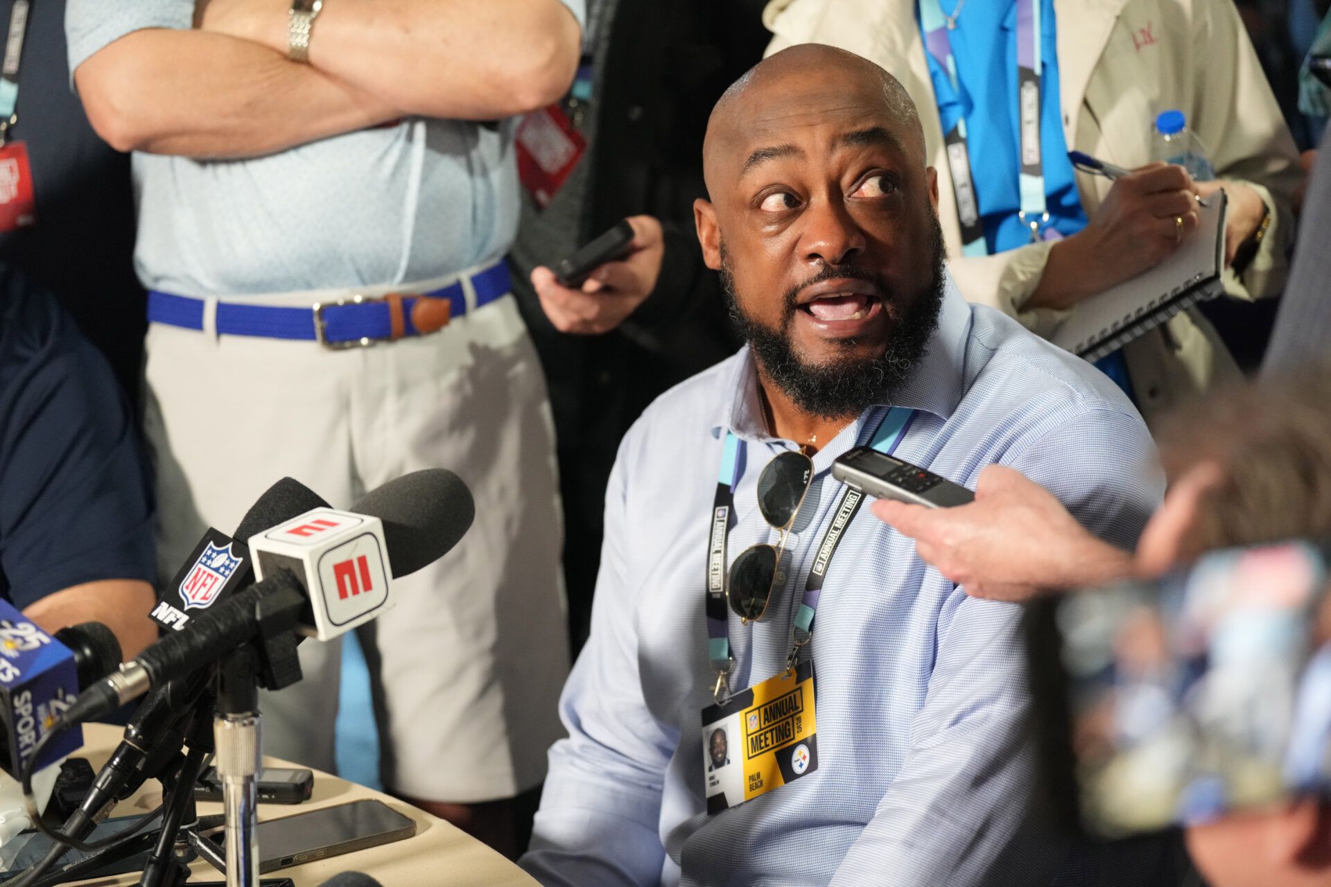 Mar 31, 2025; Palm Beach, FL, USA; Pittsburgh Steelers head coach Mike Tomlin answers questions from the medianduring the NFL Annual League Meeting at The Breakers. Mandatory Credit: Jim Rassol-Imagn Images