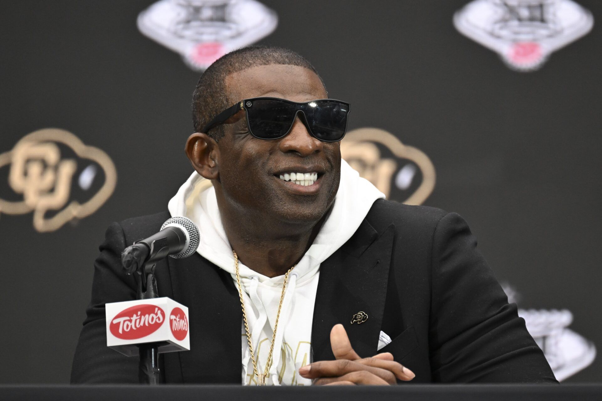 Colorado Buffaloes head coach Deion Sanders speaks to the media during the Big 12 Media Days at Allegiant Stadium.