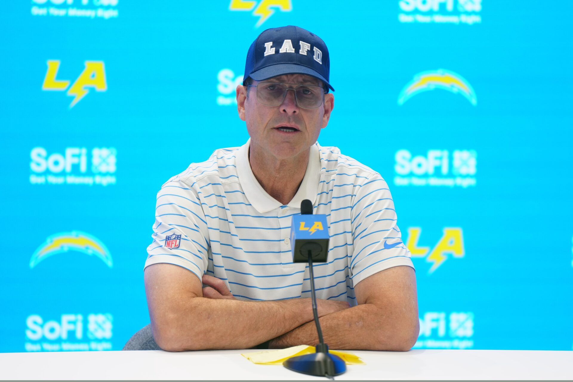 Los Angeles Chargers coach Jim Harbaugh at a press conference at The Bolt.