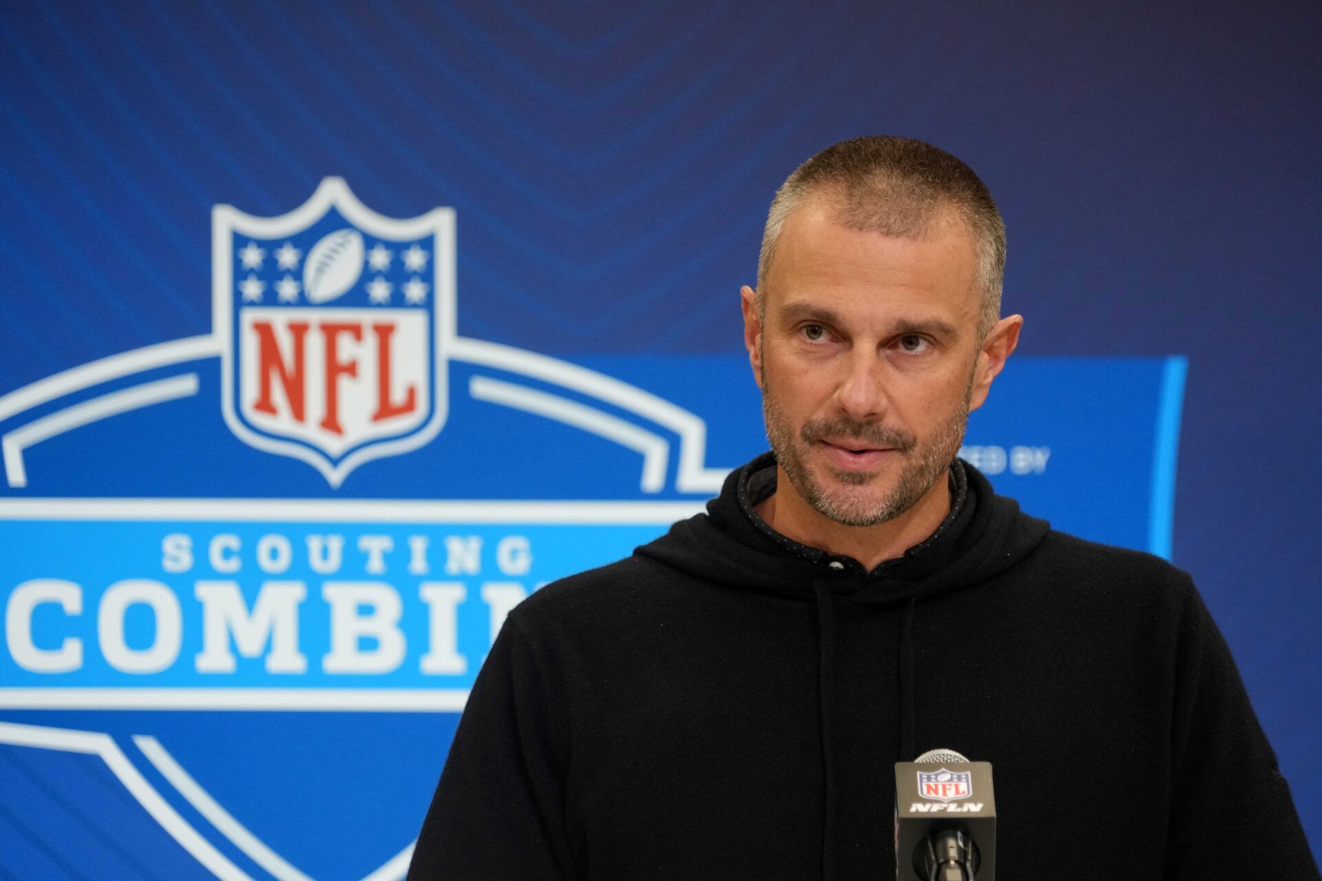 Feb 25, 2025; Indianapolis, IN, USA; Las Vegas Raiders general manager John Spytek speaks during the NFL Scouting Combine at the Indiana Convention Center. Mandatory Credit: Kirby Lee-Imagn Images