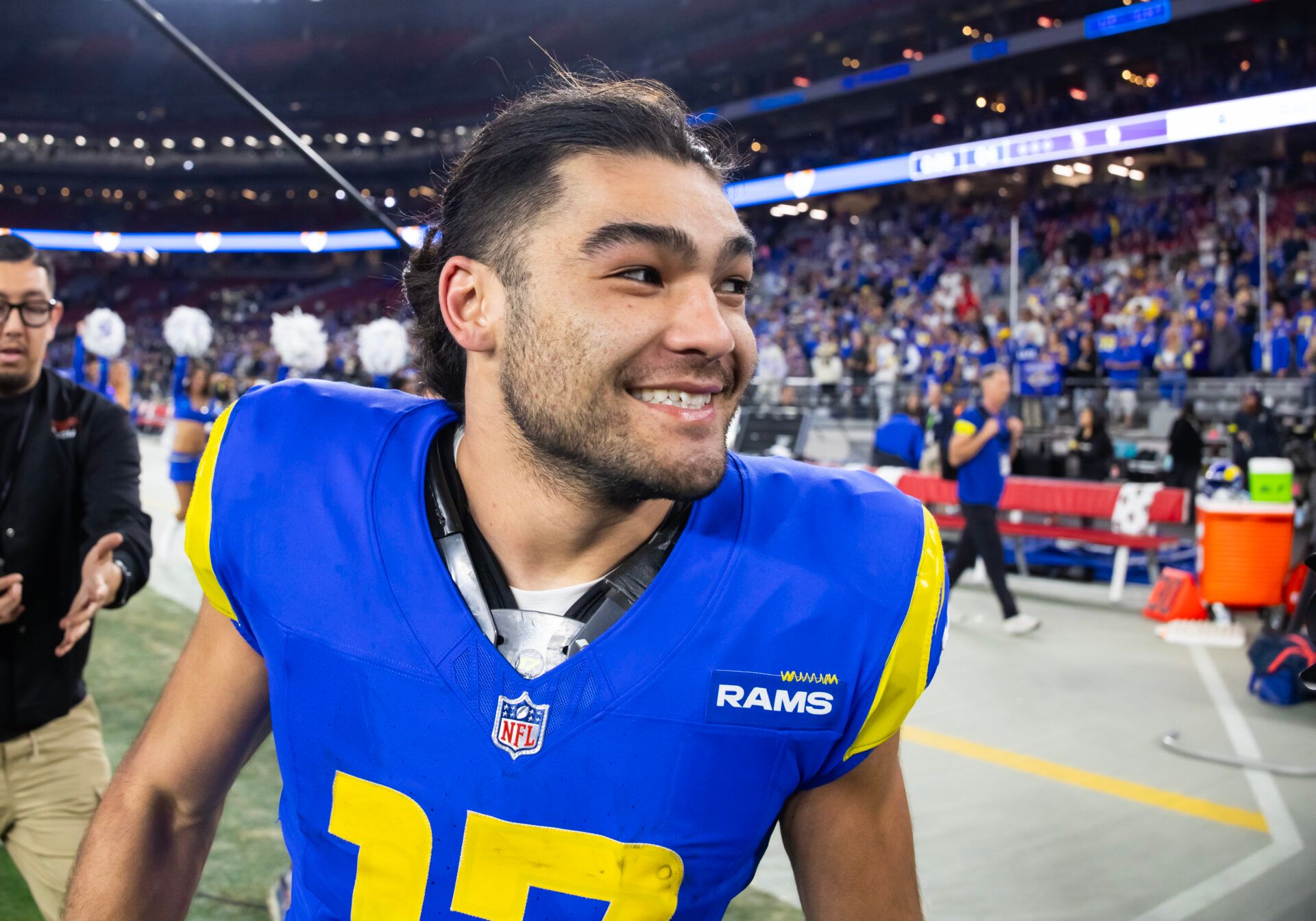 Jan 13, 2025; Glendale, AZ, USA; Los Angeles Rams wide receiver Puka Nacua (17) celebrates after defeating the Minnesota Vikings during an NFC wild card game at State Farm Stadium. Mandatory Credit: Mark J. Rebilas-Imagn Images