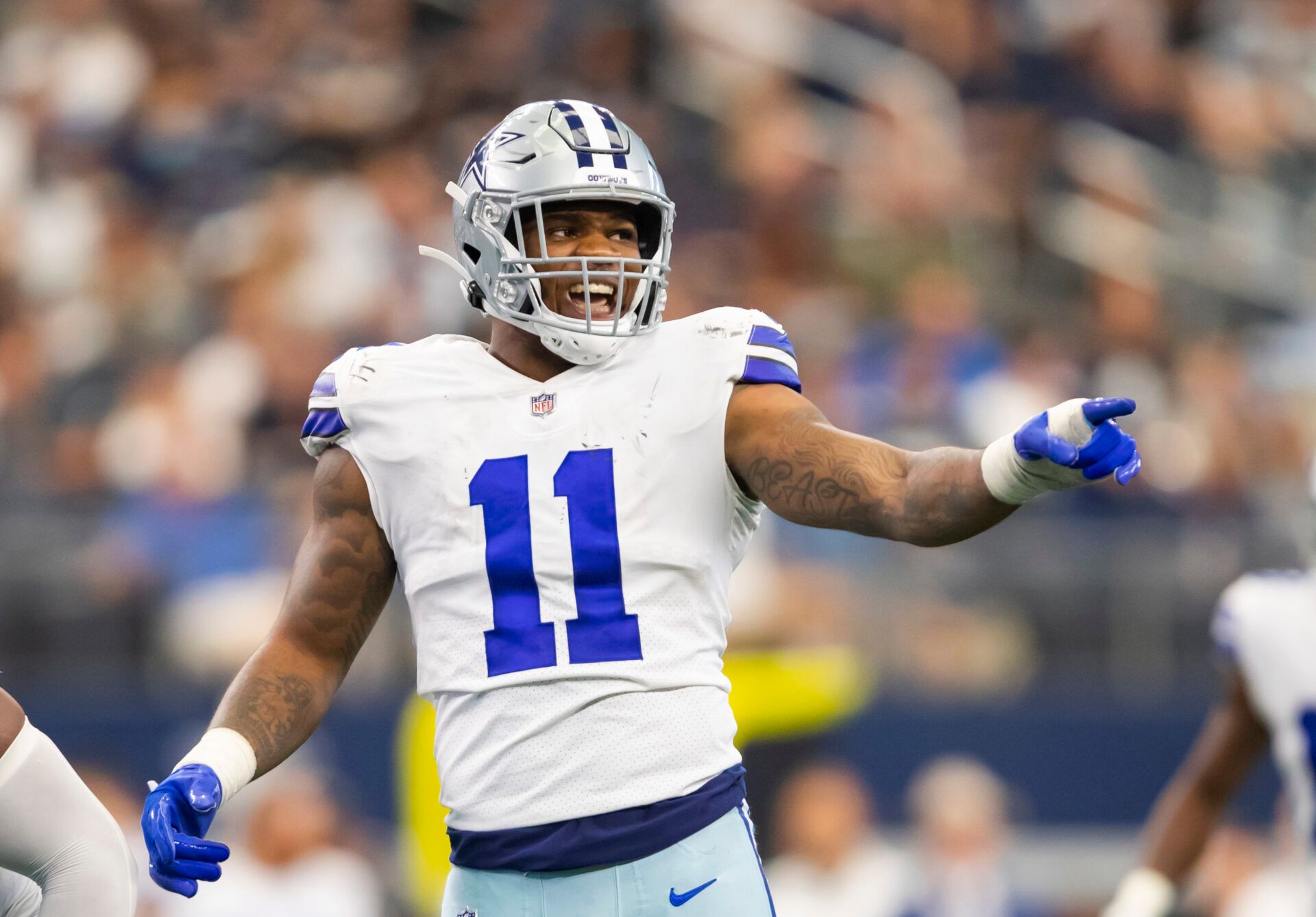 Oct 3, 2021; Arlington, Texas, USA; Dallas Cowboys linebacker Micah Parsons (11) reacts against the Carolina Panthers at AT&T Stadium. Mandatory Credit: Mark J. Rebilas-USA TODAY Sports