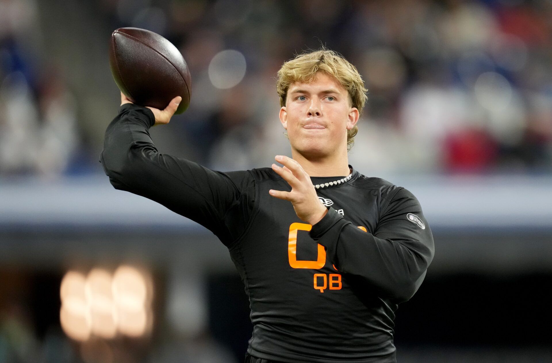 Mississippi quarterback Jaxson Dart (QB03) during the 2025 NFL Combine at Lucas Oil Stadium.