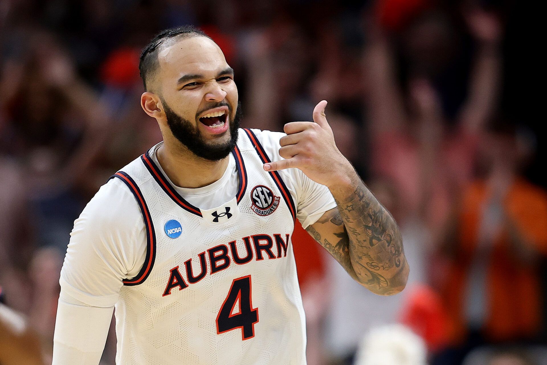 ATLANTA, GEORGIA - MARCH 30: Johni Broome #4 of the Auburn Tigers reacts against the Michigan State Spartans during the second half in the South Regional Elite Eight round of the NCAA Men's Basketball Tournament at State Farm Arena on March 30, 2025 in Atlanta, Georgia. (Photo by Alex Slitz/Getty Images)