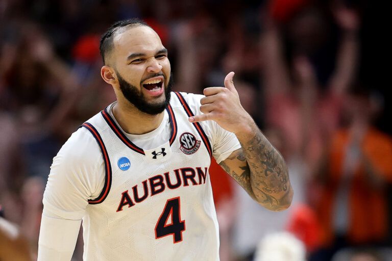 ATLANTA, GEORGIA - MARCH 30: Johni Broome #4 of the Auburn Tigers reacts against the Michigan State Spartans during the second half in the South Regional Elite Eight round of the NCAA Men's Basketball Tournament at State Farm Arena on March 30, 2025 in Atlanta, Georgia. (Photo by Alex Slitz/Getty Images)